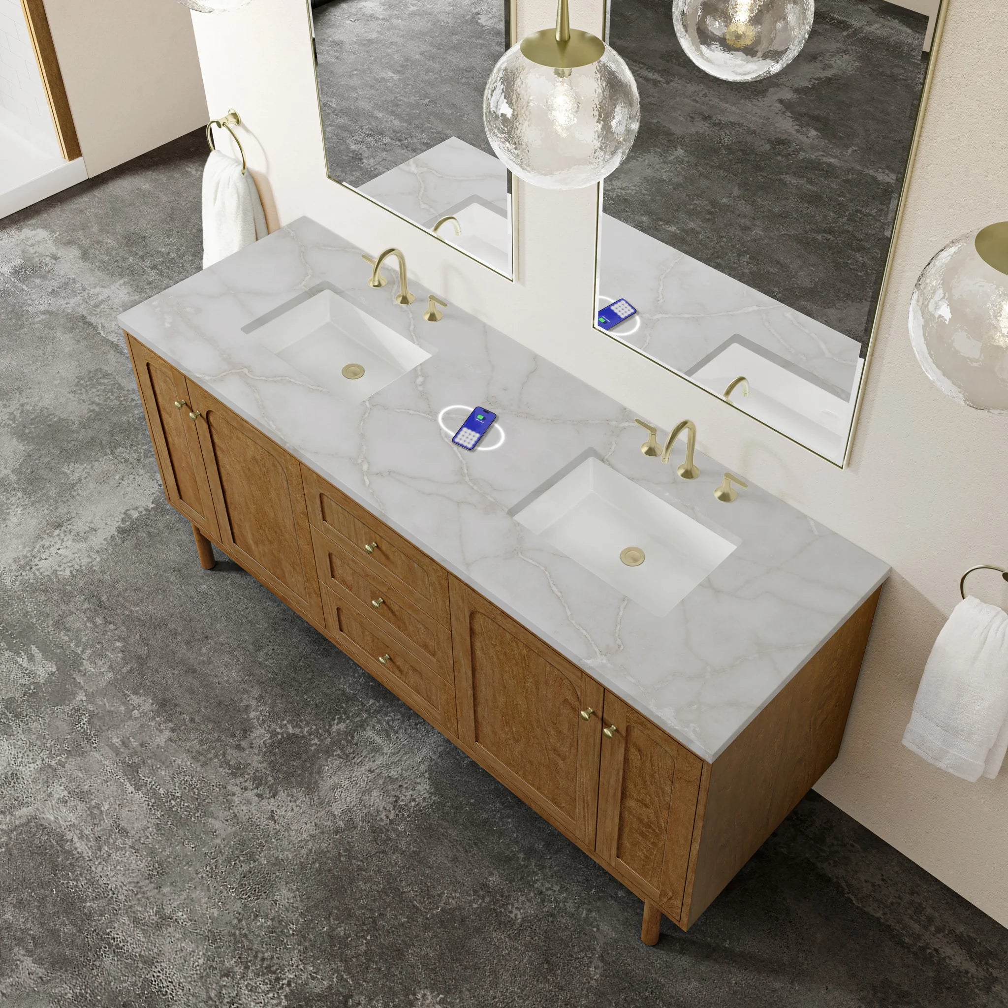 72" Laurent Double Vanity in Honey Oak w/FreePower Wireless Charger by James Martin Vanities-Victorian Silver Silestone 8