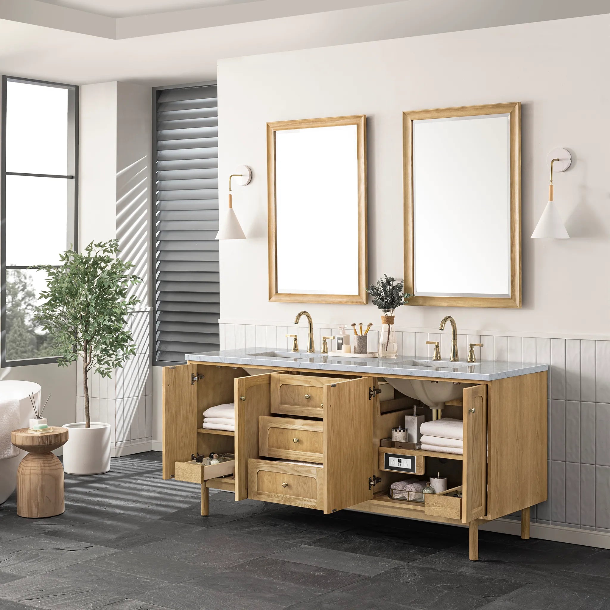 72" Laurent Double Vanity in Light Natural Oak-Carrara White Marble-8" Widespread image 6
