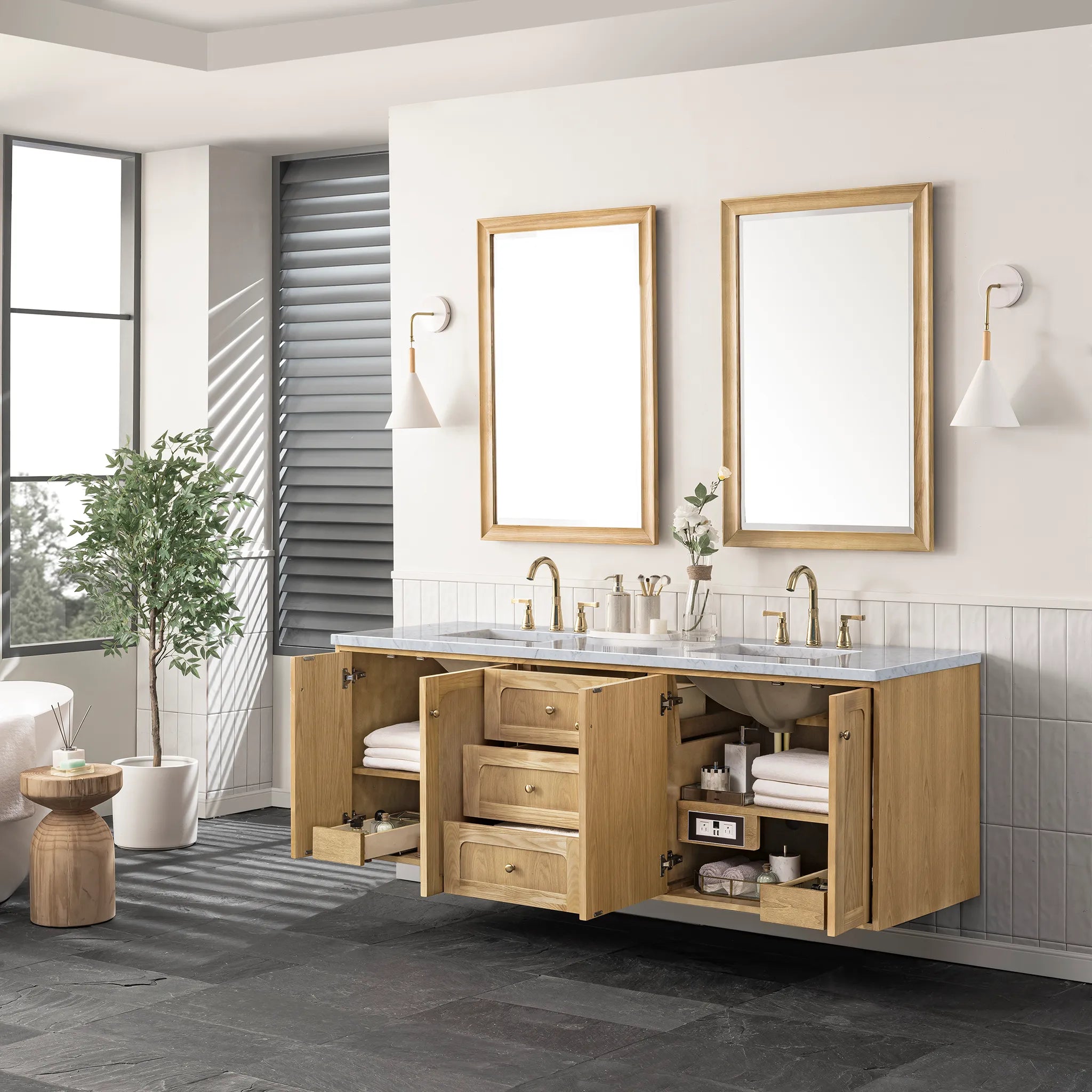 72" Laurent Double Vanity in Light Natural Oak-Carrara White Marble-8" Widespread image 7