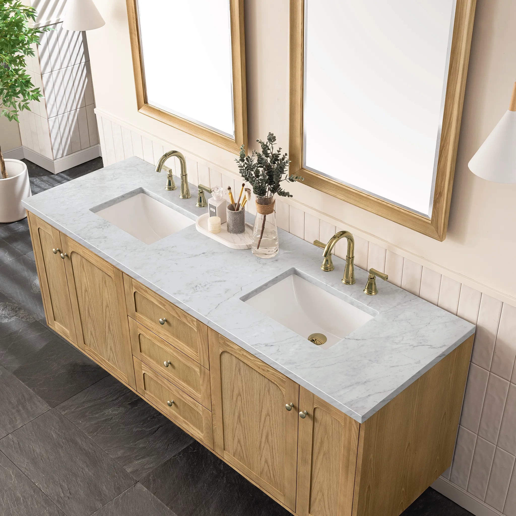 72" Laurent Double Vanity in Light Natural Oak-Carrara White Marble-8" Widespread image 9