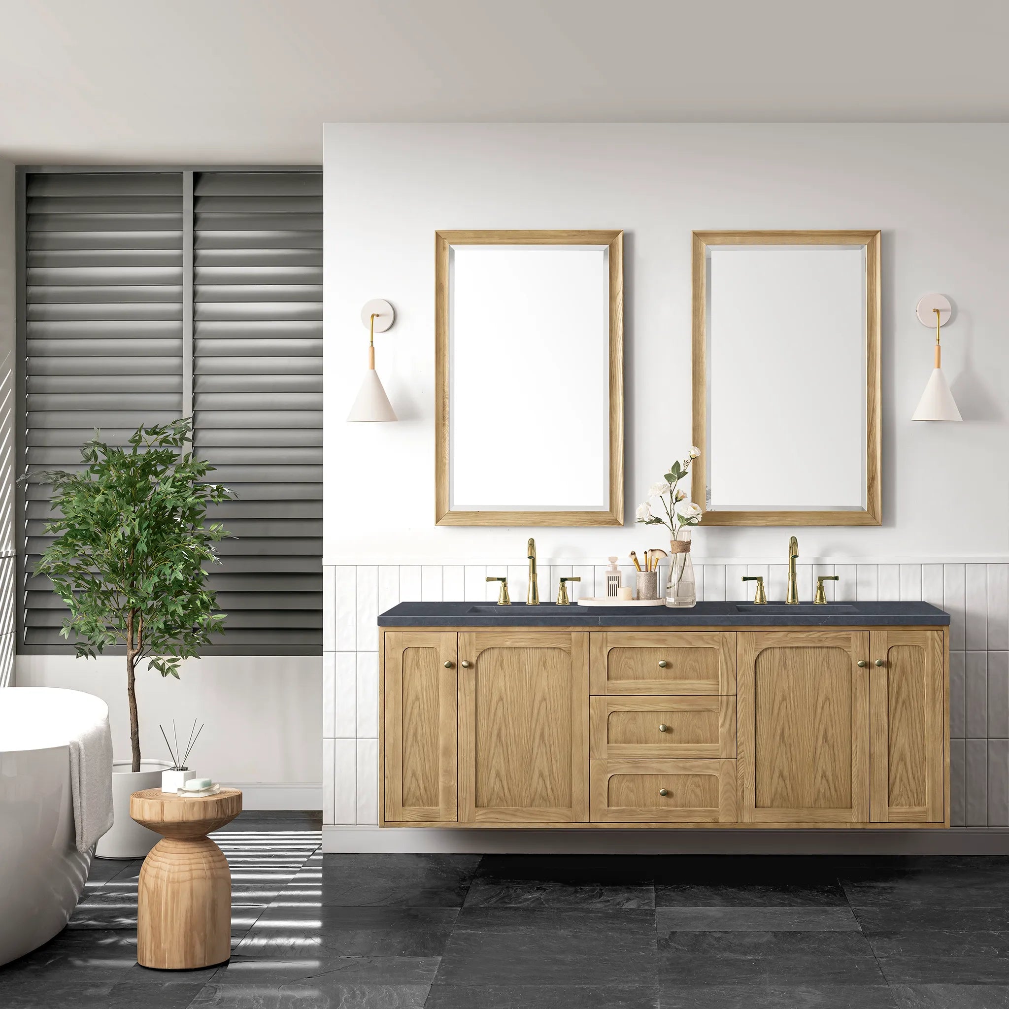 72" Laurent Double Vanity in Light Natural Oak-Charcoal Soapstone Silestone-8" Widespread image 3