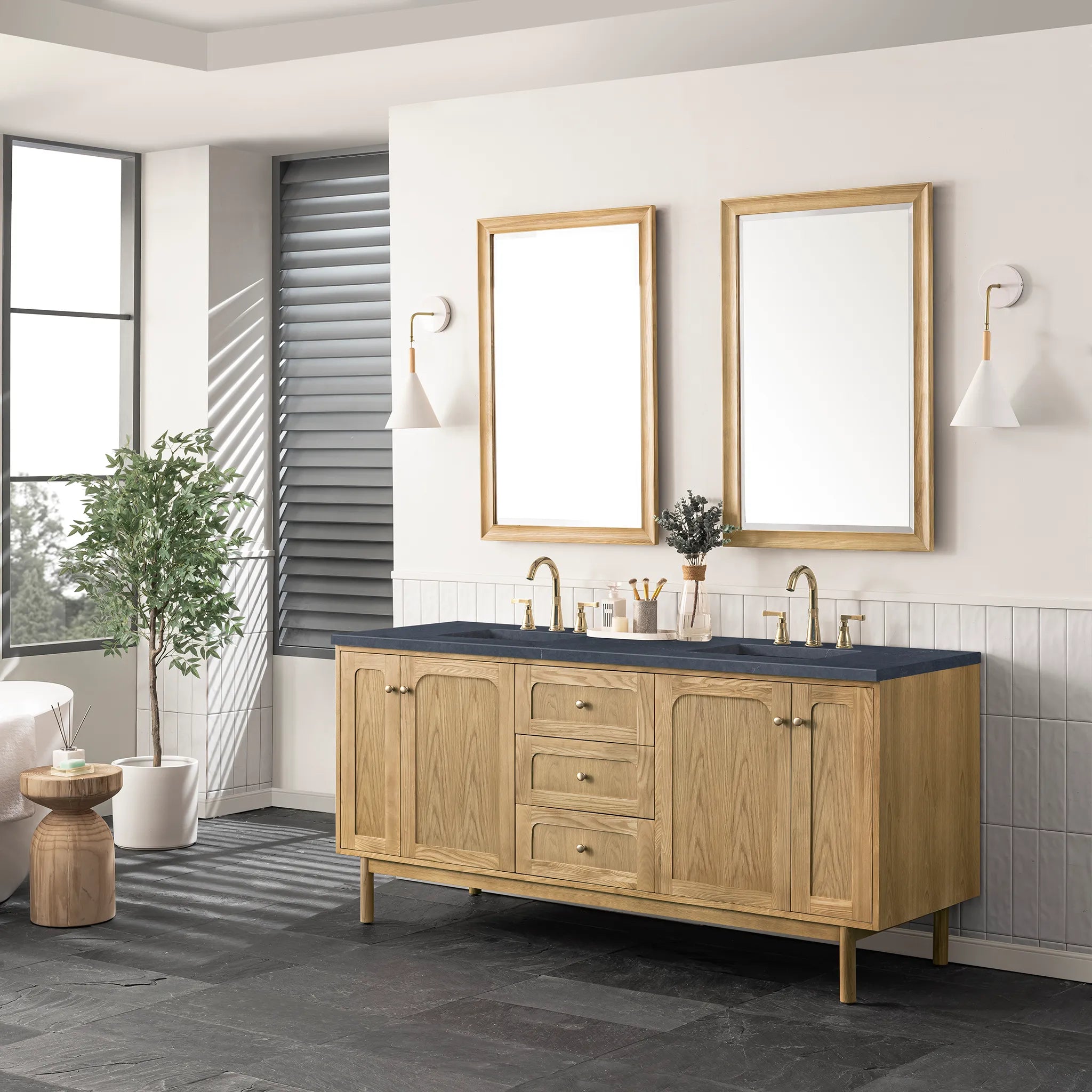 72" Laurent Double Vanity in Light Natural Oak-Charcoal Soapstone Silestone-8" Widespread image 4