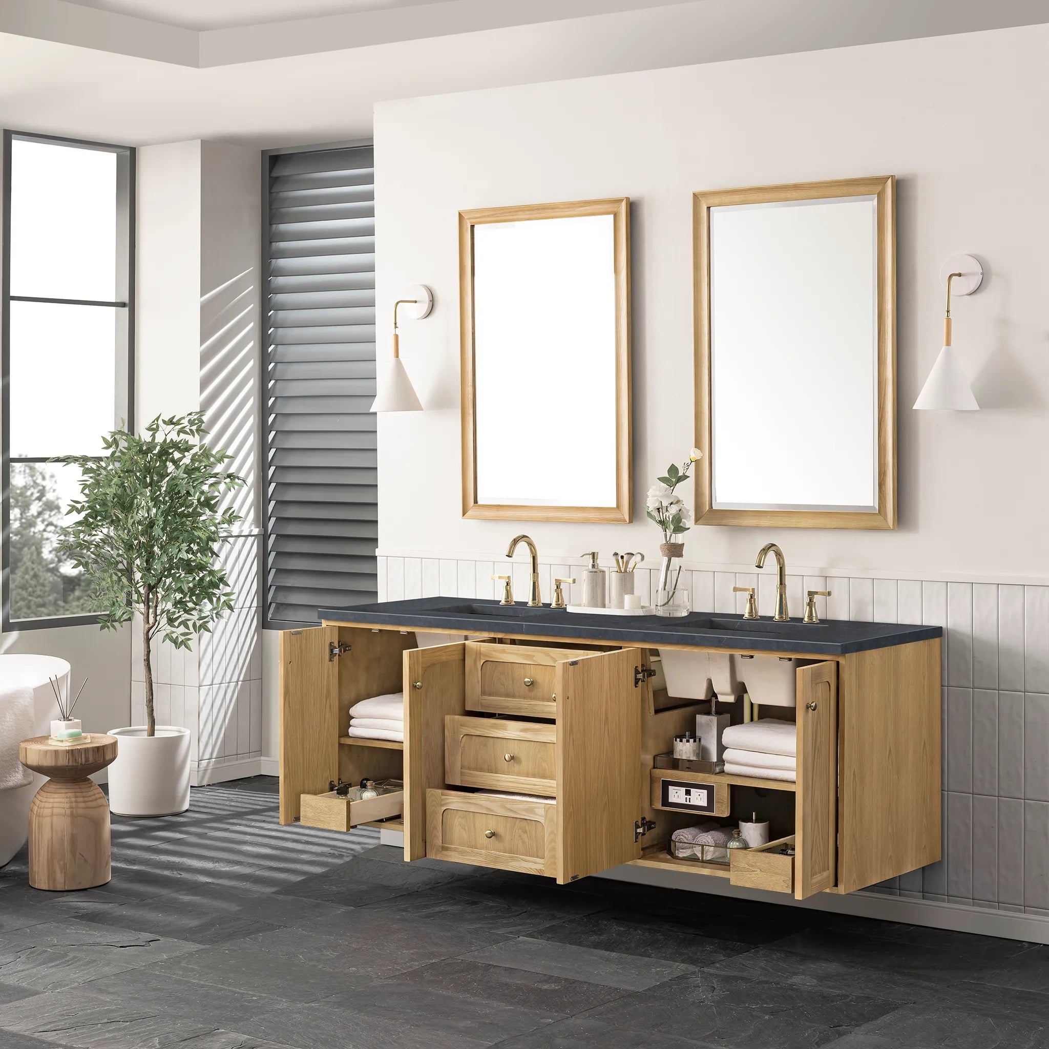 72" Laurent Double Vanity in Light Natural Oak-Charcoal Soapstone Silestone-8" Widespread image 7