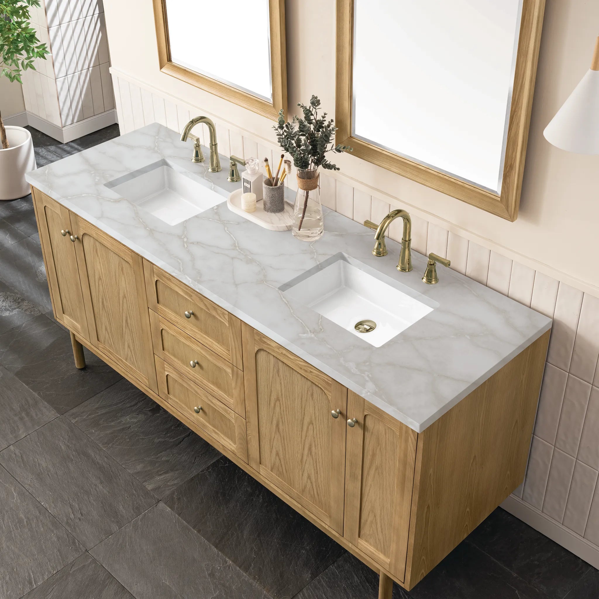 72" Laurent Double Vanity in Light Natural Oak-Victorian Silver Silestone-8" Widespread image 8
