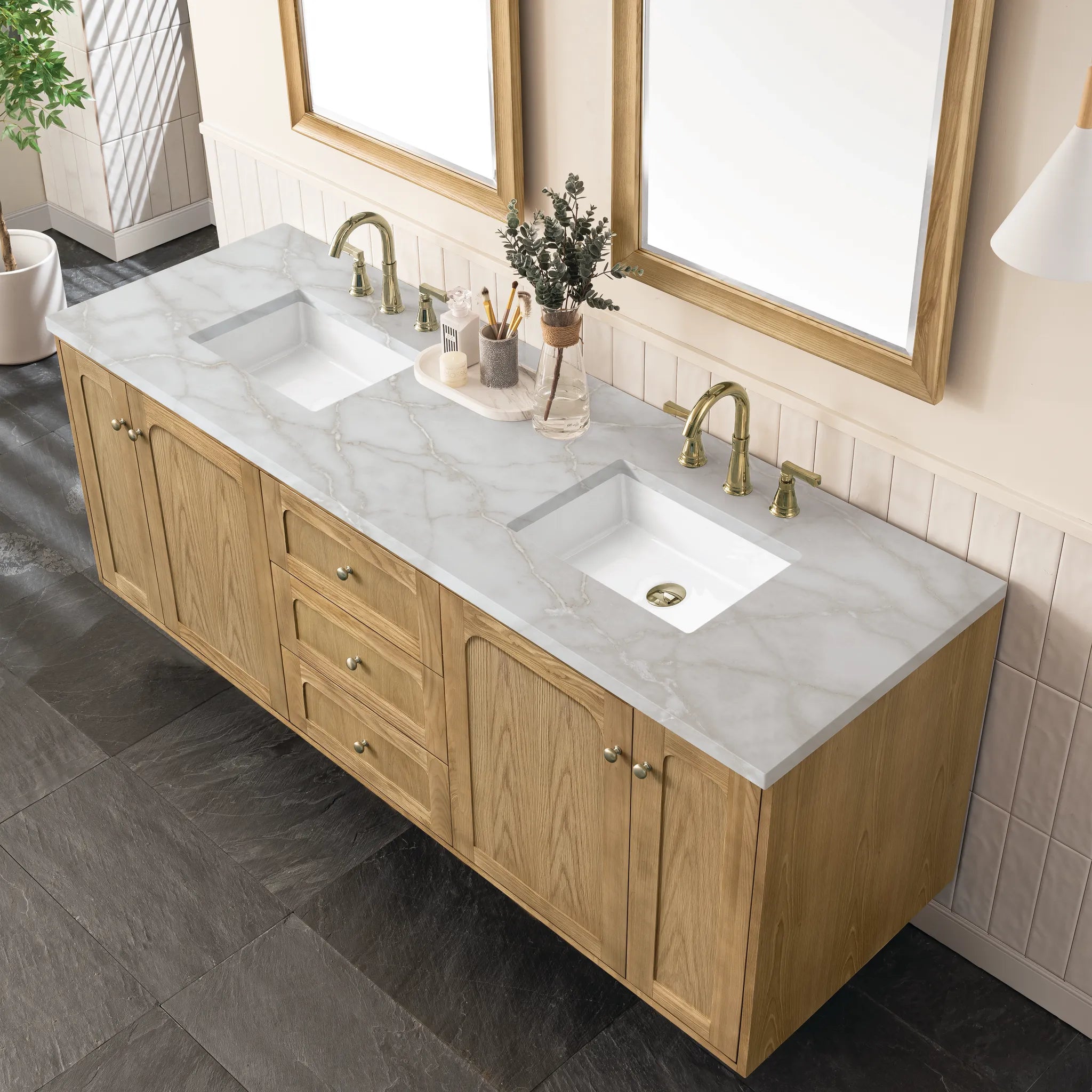 72" Laurent Double Vanity in Light Natural Oak-Victorian Silver Silestone-8" Widespread image 9
