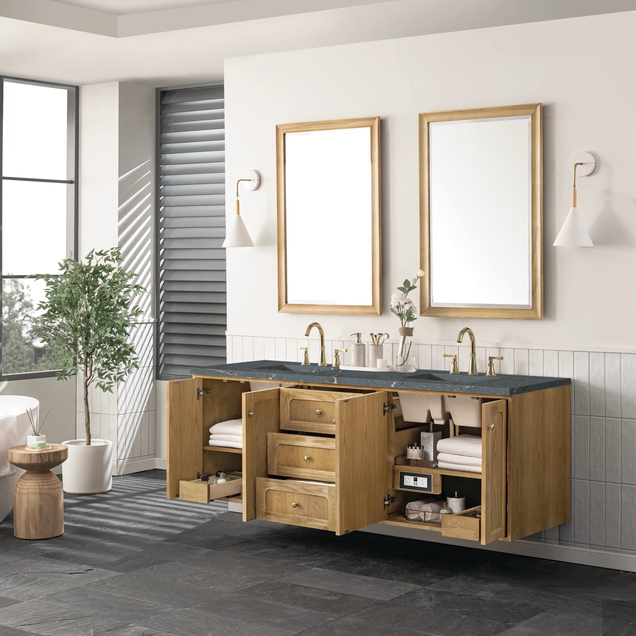 72" Laurent Double Vanity in Light Natural Oak w/FreePower Wireless Charger-Parisien Bleu Silestone-8" Widespread image 10