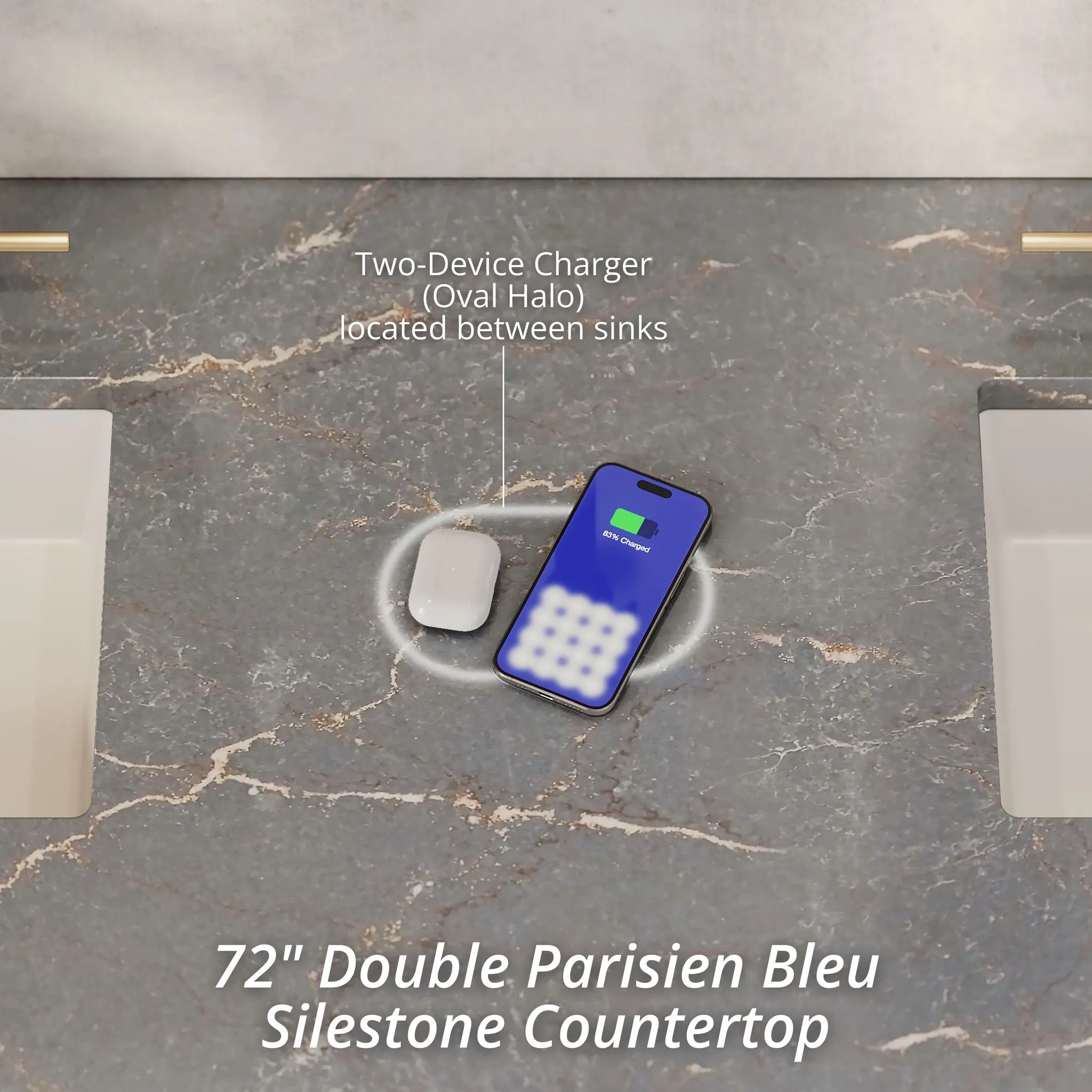 72" Laurent Double Vanity in Light Natural Oak w/FreePower Wireless Charger-Parisien Bleu Silestone-8" Widespread image 3