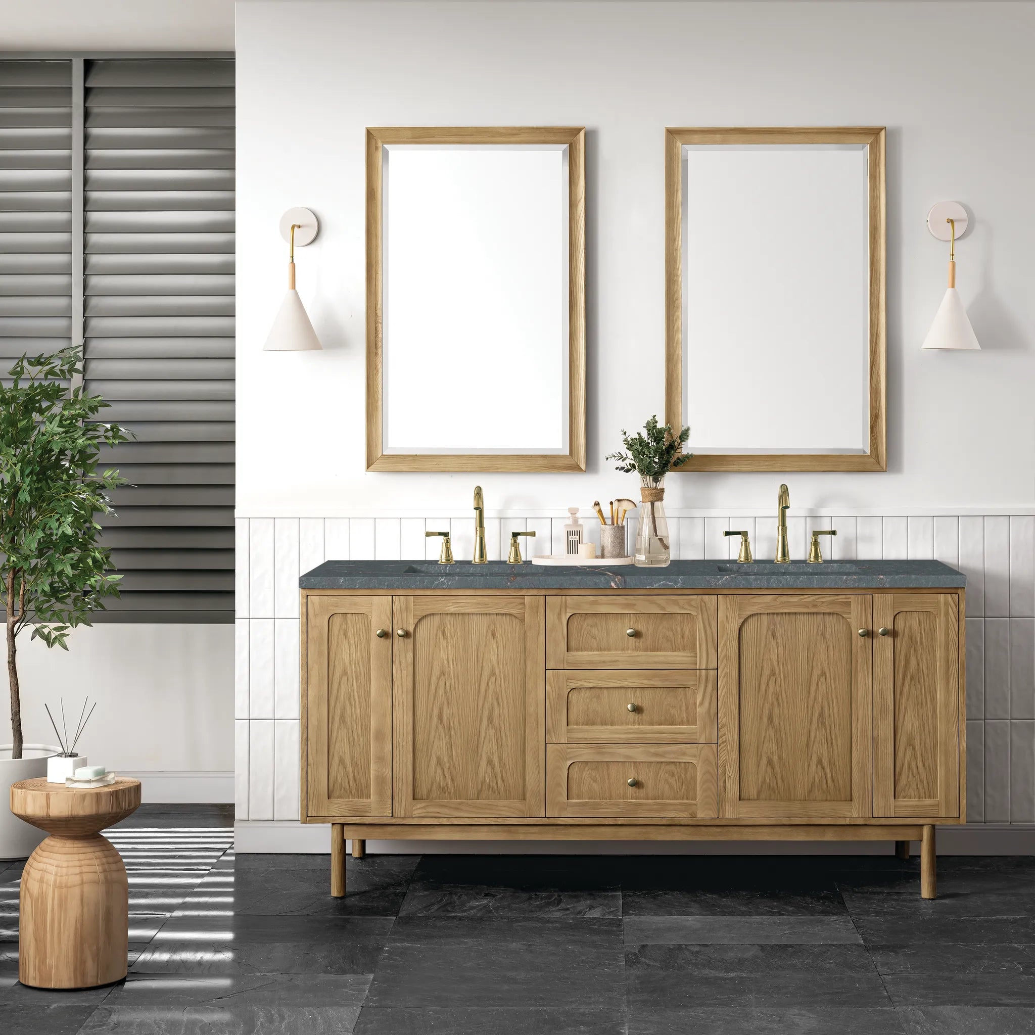 72" Laurent Double Vanity in Light Natural Oak w/FreePower Wireless Charger-Parisien Bleu Silestone-8" Widespread image 5