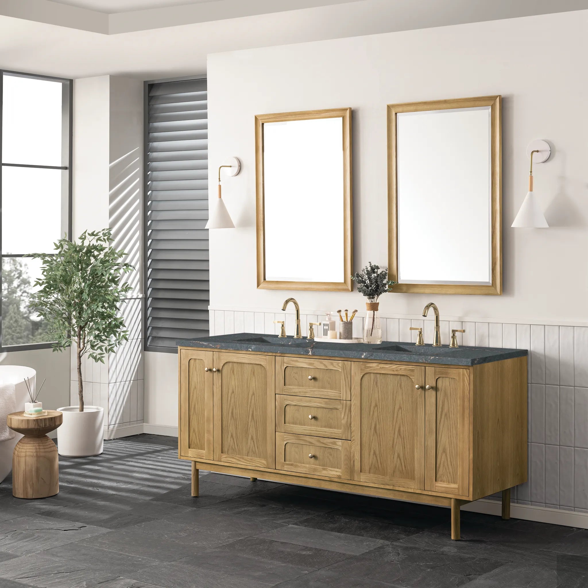 72" Laurent Double Vanity in Light Natural Oak w/FreePower Wireless Charger-Parisien Bleu Silestone-8" Widespread image 7