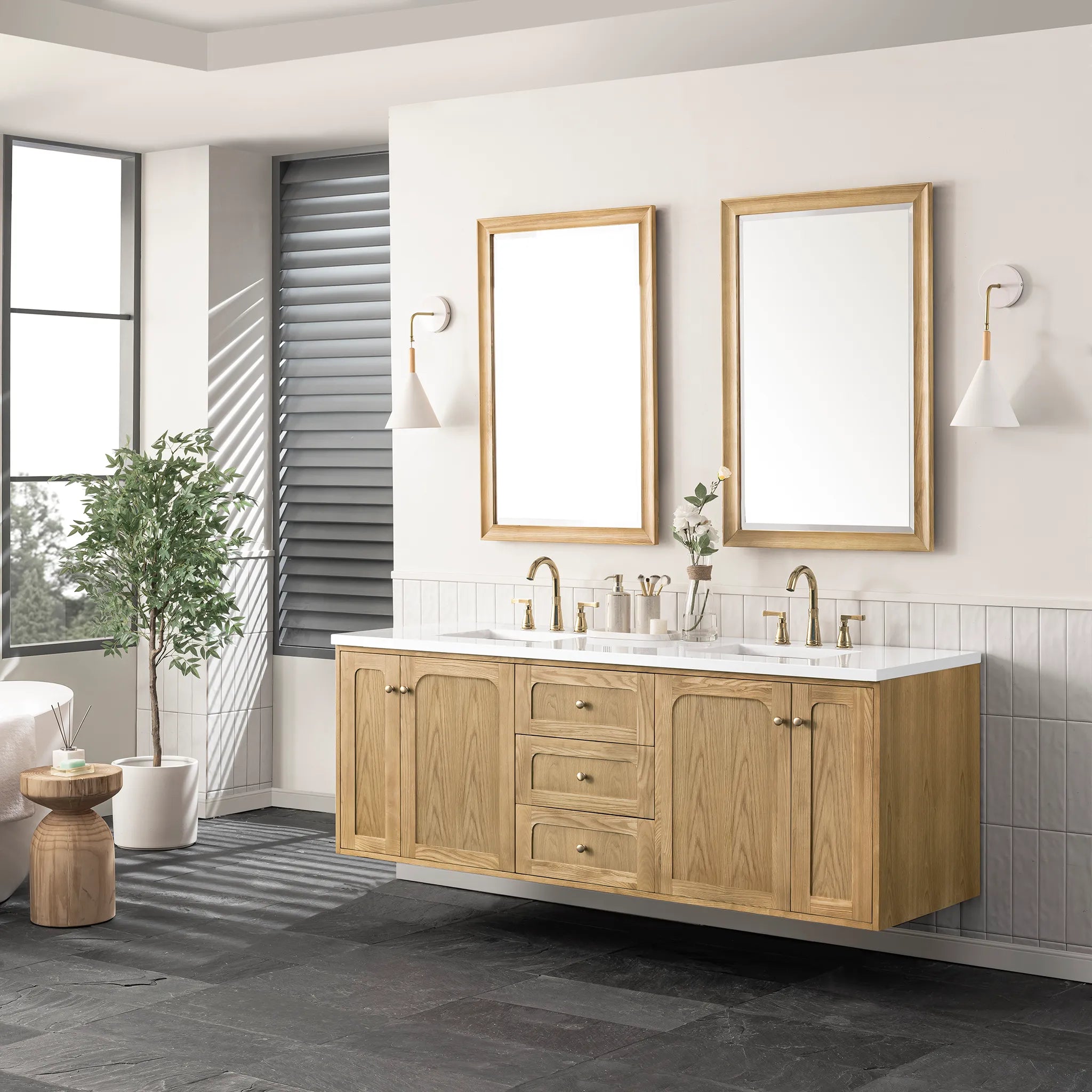 72" Laurent Double Vanity in Light Natural Oak-White Zeus Silestone-8" Widespread image 4