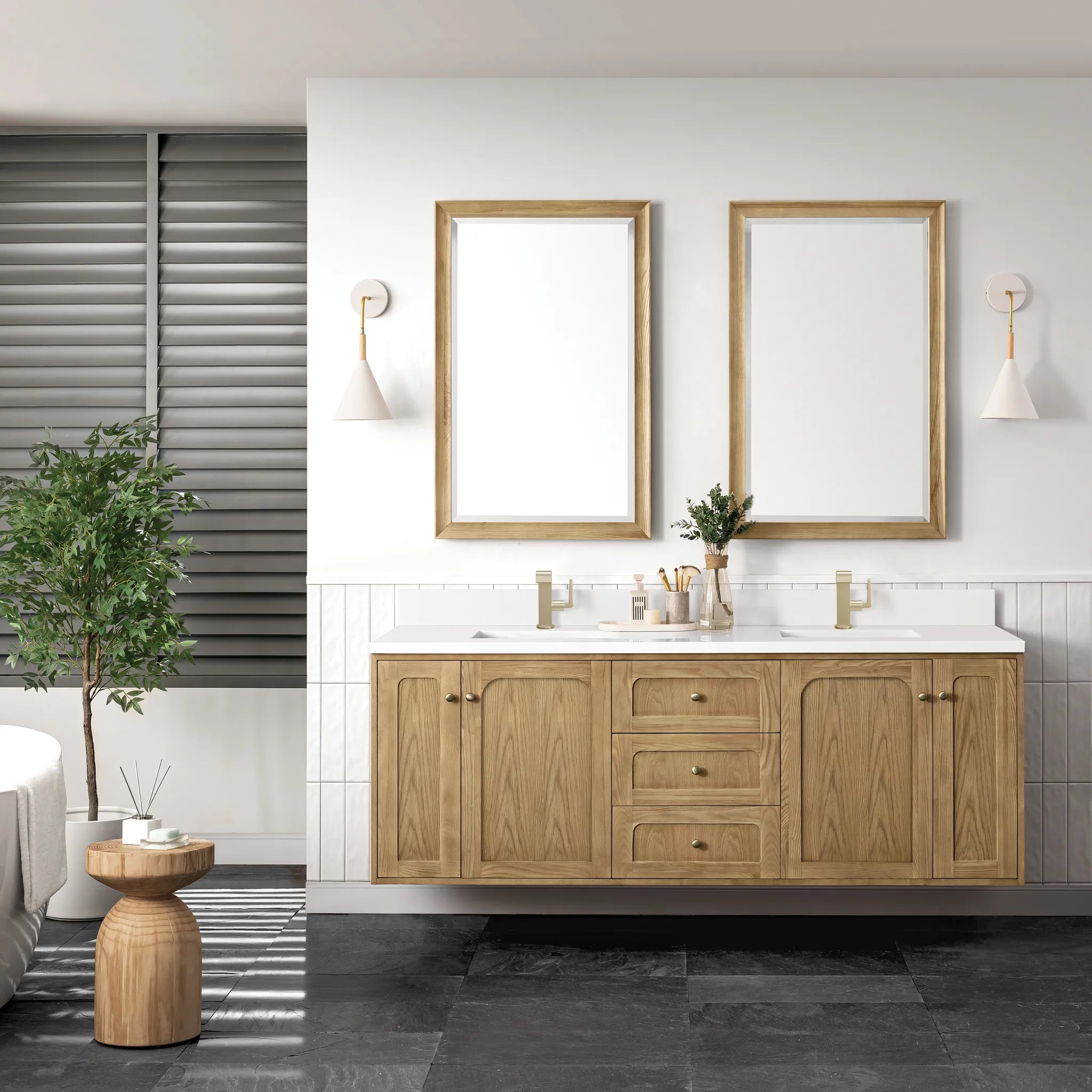 72" Laurent Double Vanity in Light Natural Oak-White Zeus Silestone & Backsplash-Single Hole image 2