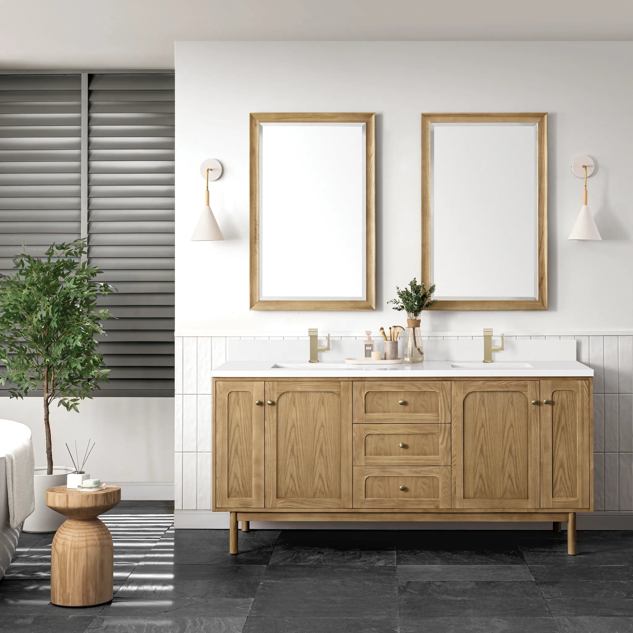 72" Laurent Double Vanity in Light Natural Oak-White Zeus Silestone & Backsplash-Single Hole image 3