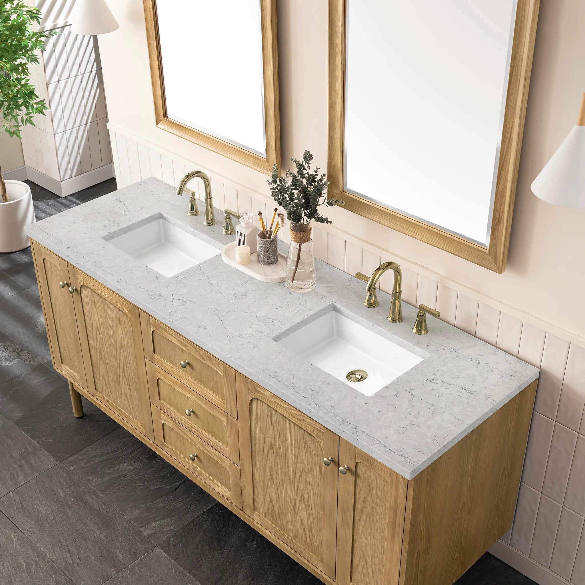 72" Laurent Double Vanity in Light Natural Oak Wireless Charger-Eternal Jasmine Pearl Silestone-8" Widespread image 11