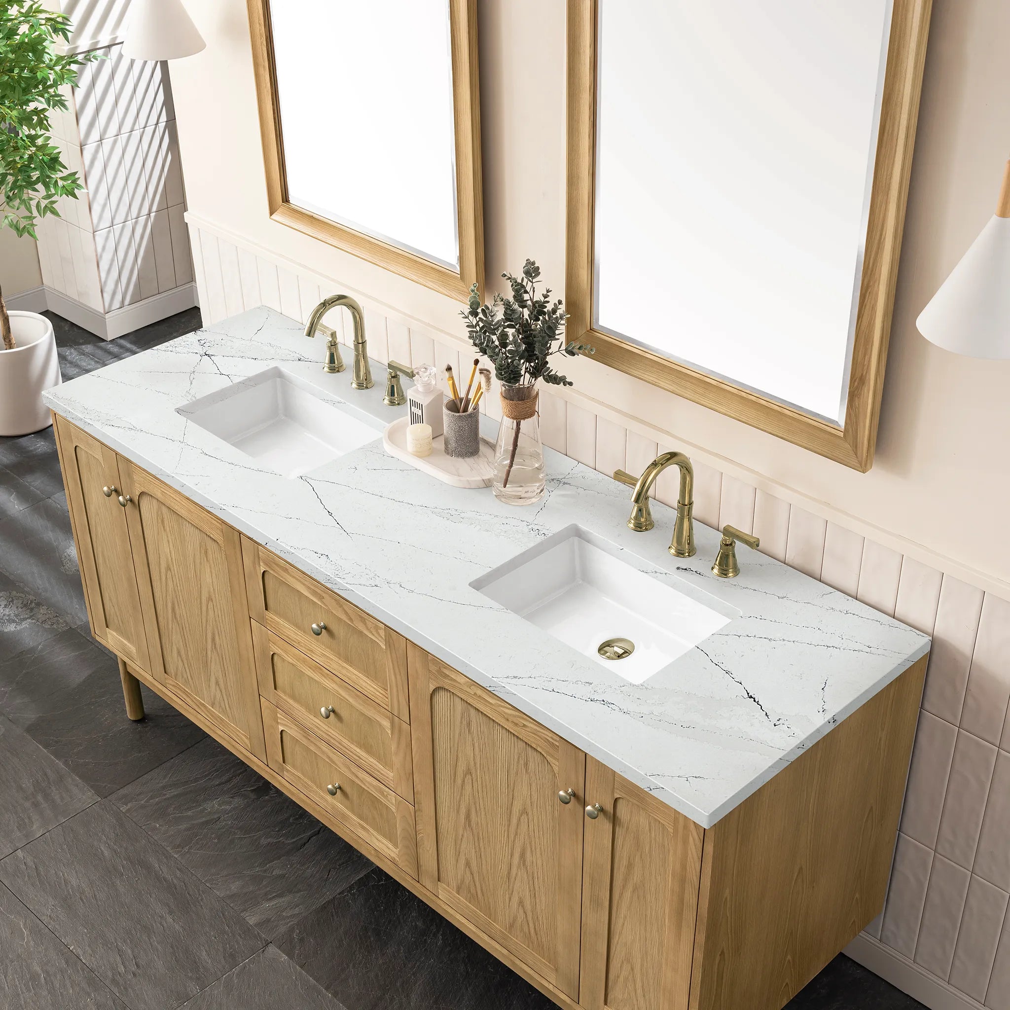 72" Laurent Double Vanity in Light Natural Oak Wireless Charger-Ethereal Noctis Silestone-8" Widespread image 11