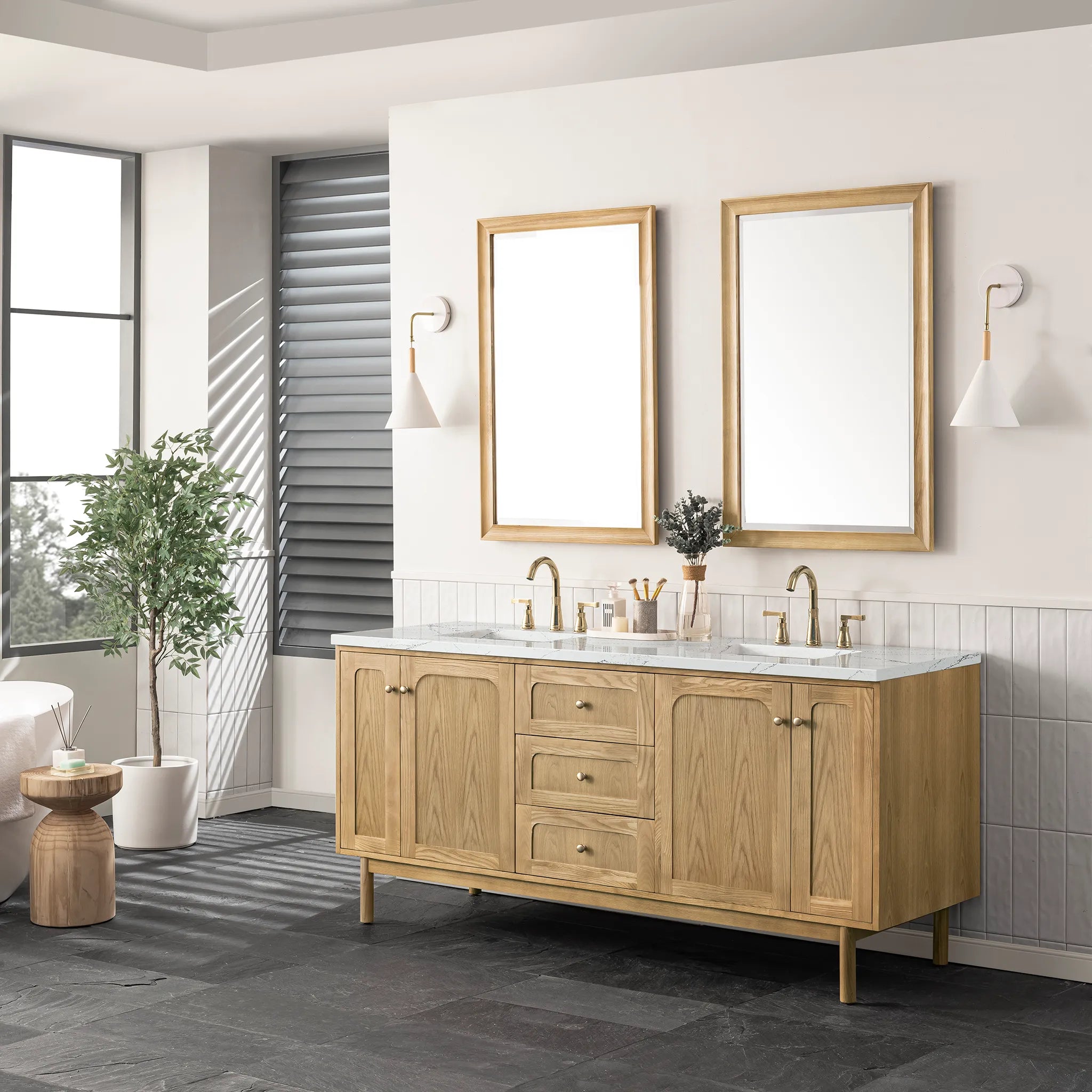 72" Laurent Double Vanity in Light Natural Oak Wireless Charger-Ethereal Noctis Silestone-8" Widespread image 7