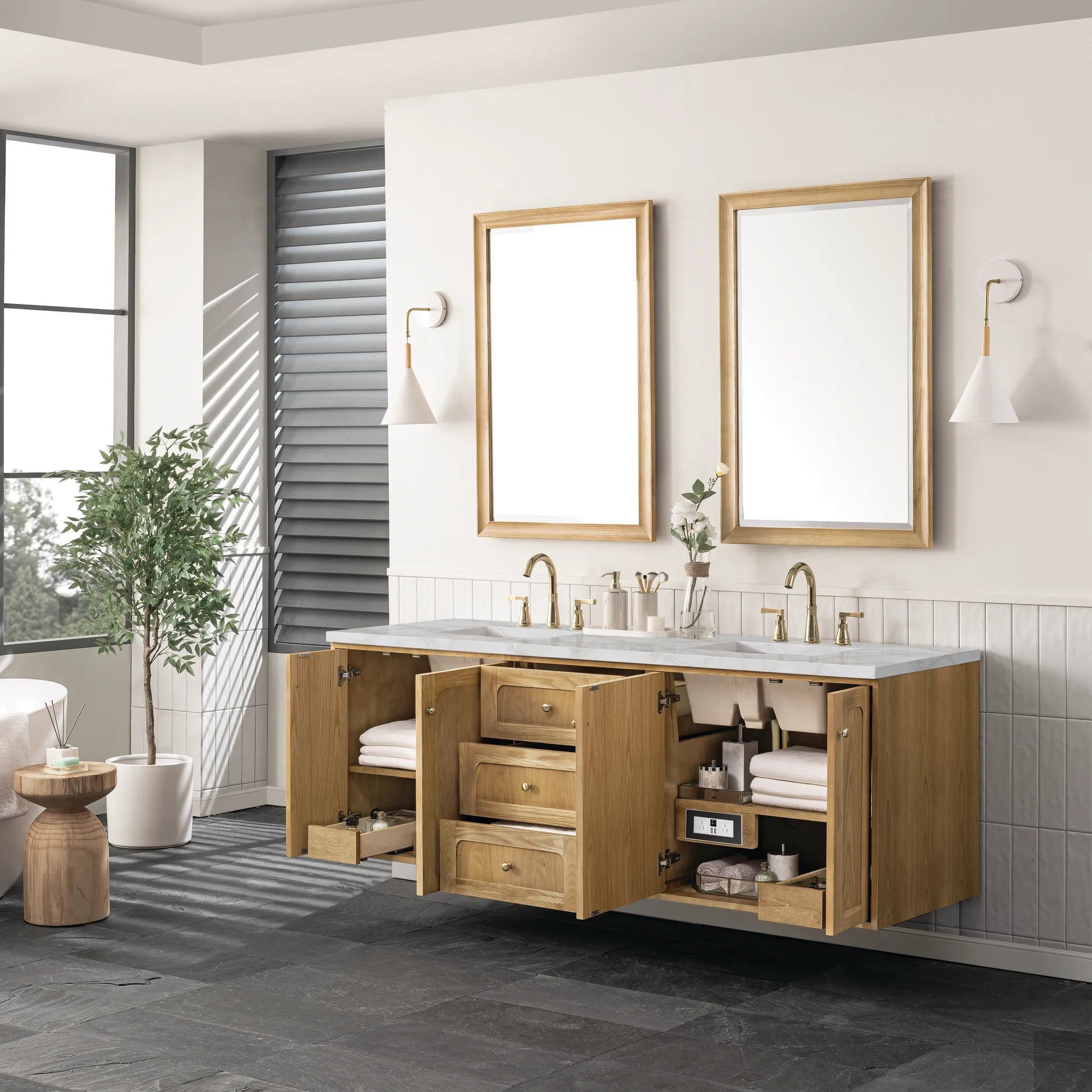 72" Laurent Double Vanity in Light Natural Oak Wireless Charger-Victorian Silver Silestone-8" Widespread image 10