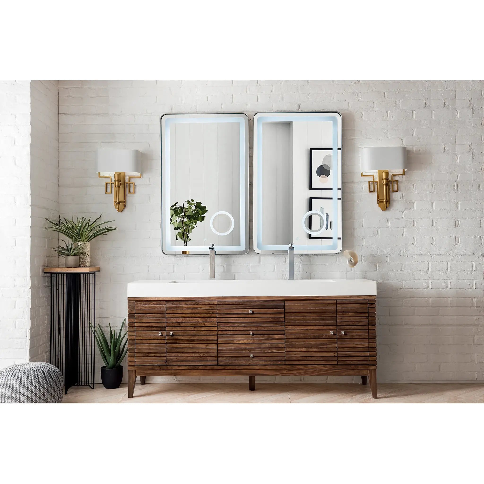 72" Linear Double Vanity in Mid-Century Walnut-Glossy White image 1