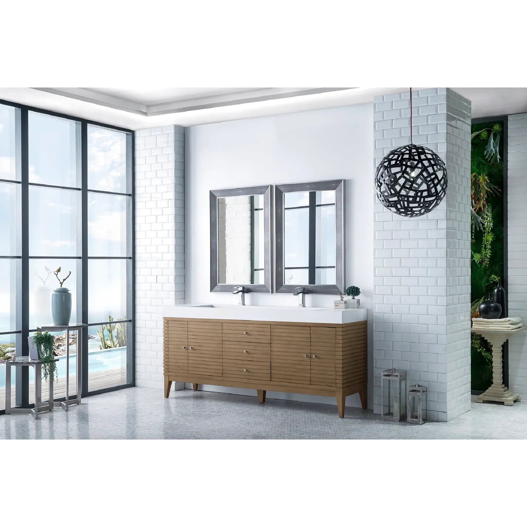 72" Linear Double Vanity Whitewashed Walnut-Glossy White image 2
