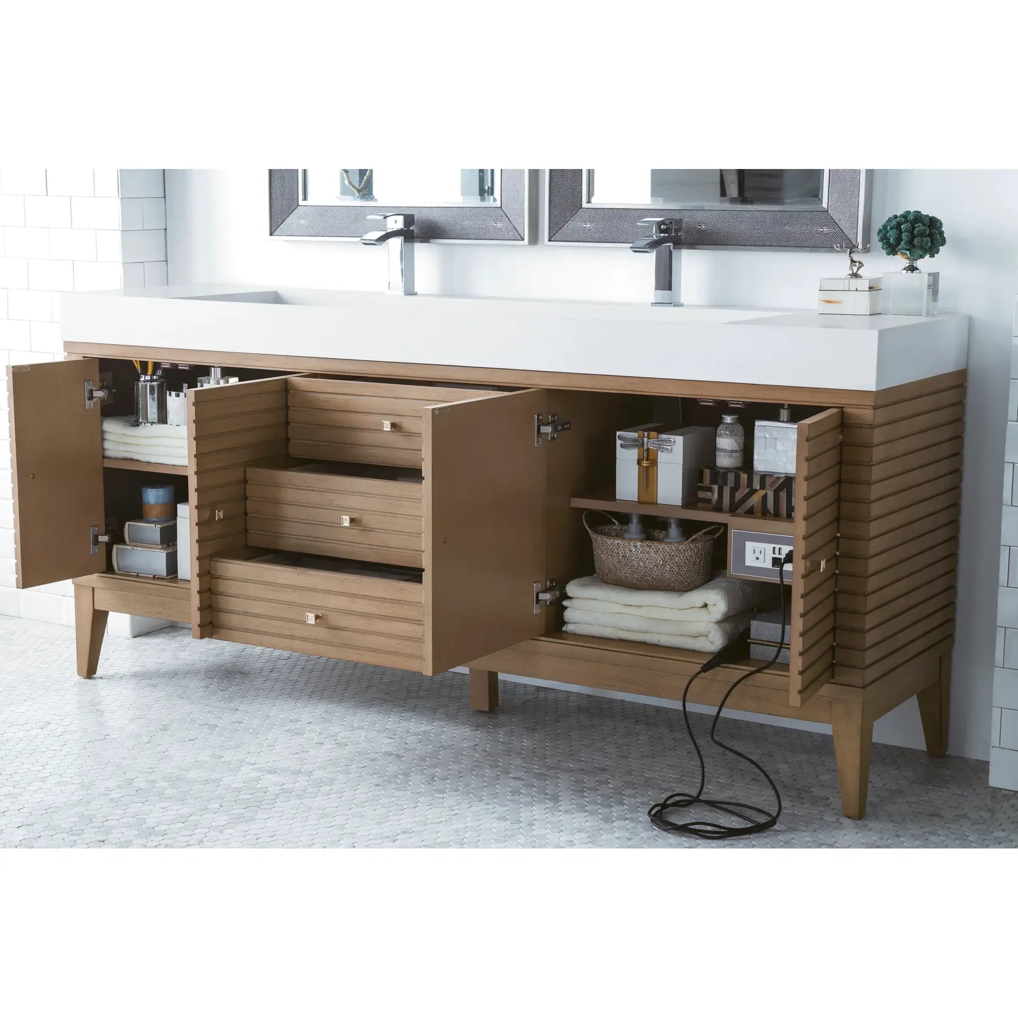 72" Linear Double Vanity Whitewashed Walnut-Glossy White image 3