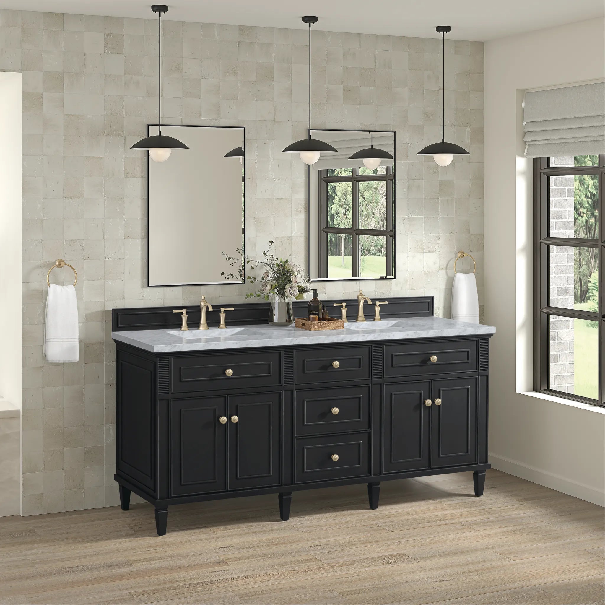 72" Lorelai Double Vanity in Black Onyx-Carrara White Marble-8" Widespread image 3