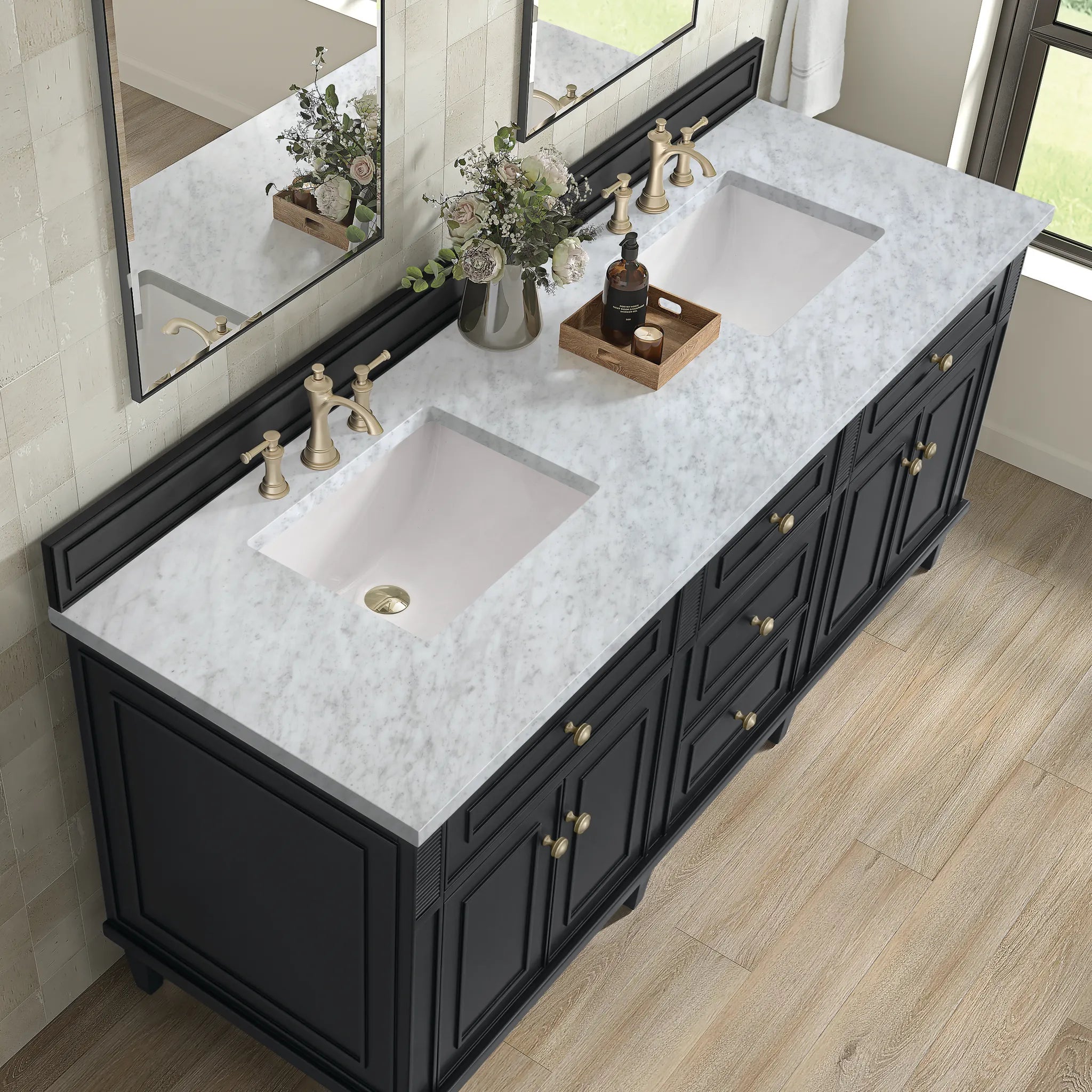 72" Lorelai Double Vanity in Black Onyx-Carrara White Marble-8" Widespread image 6