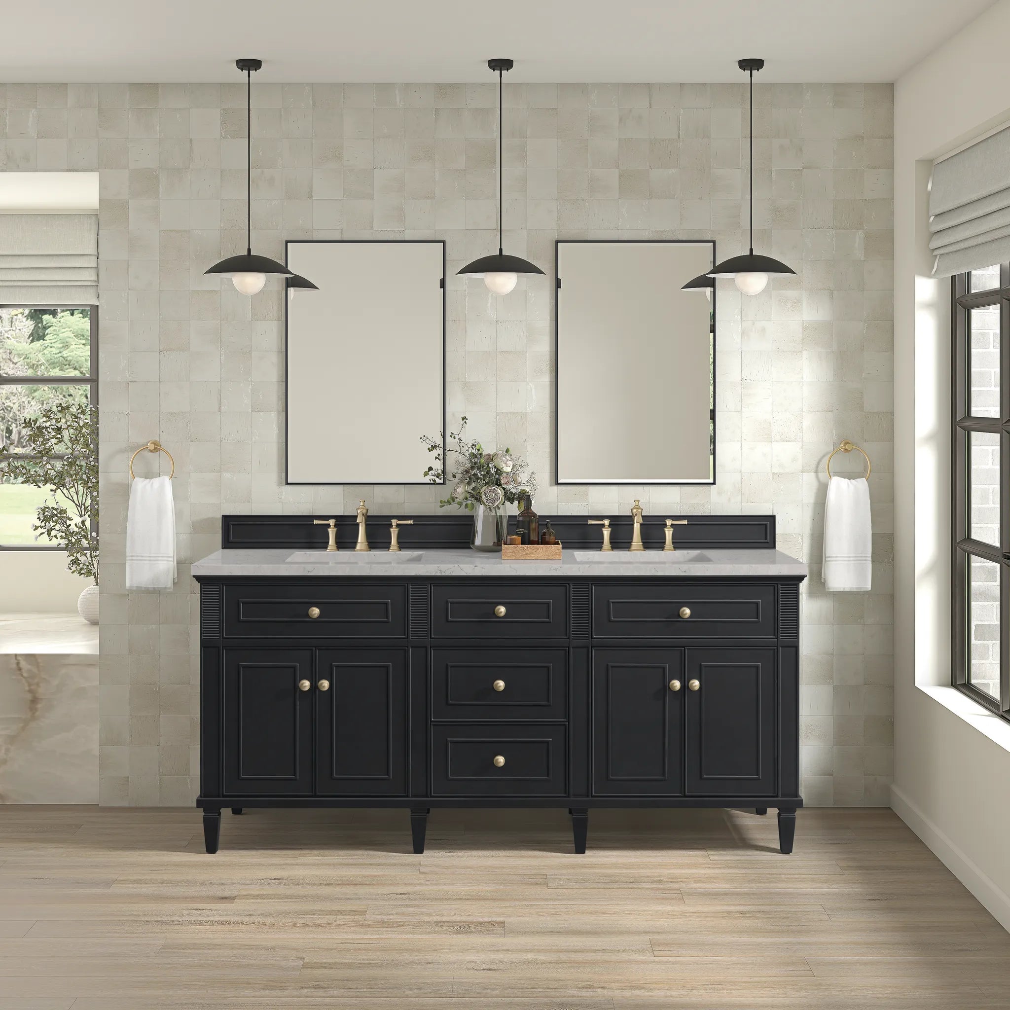 72" Lorelai Double Vanity in Black Onyx-Eternal Jasmine Pearl Silestone-8" Widespread image 2