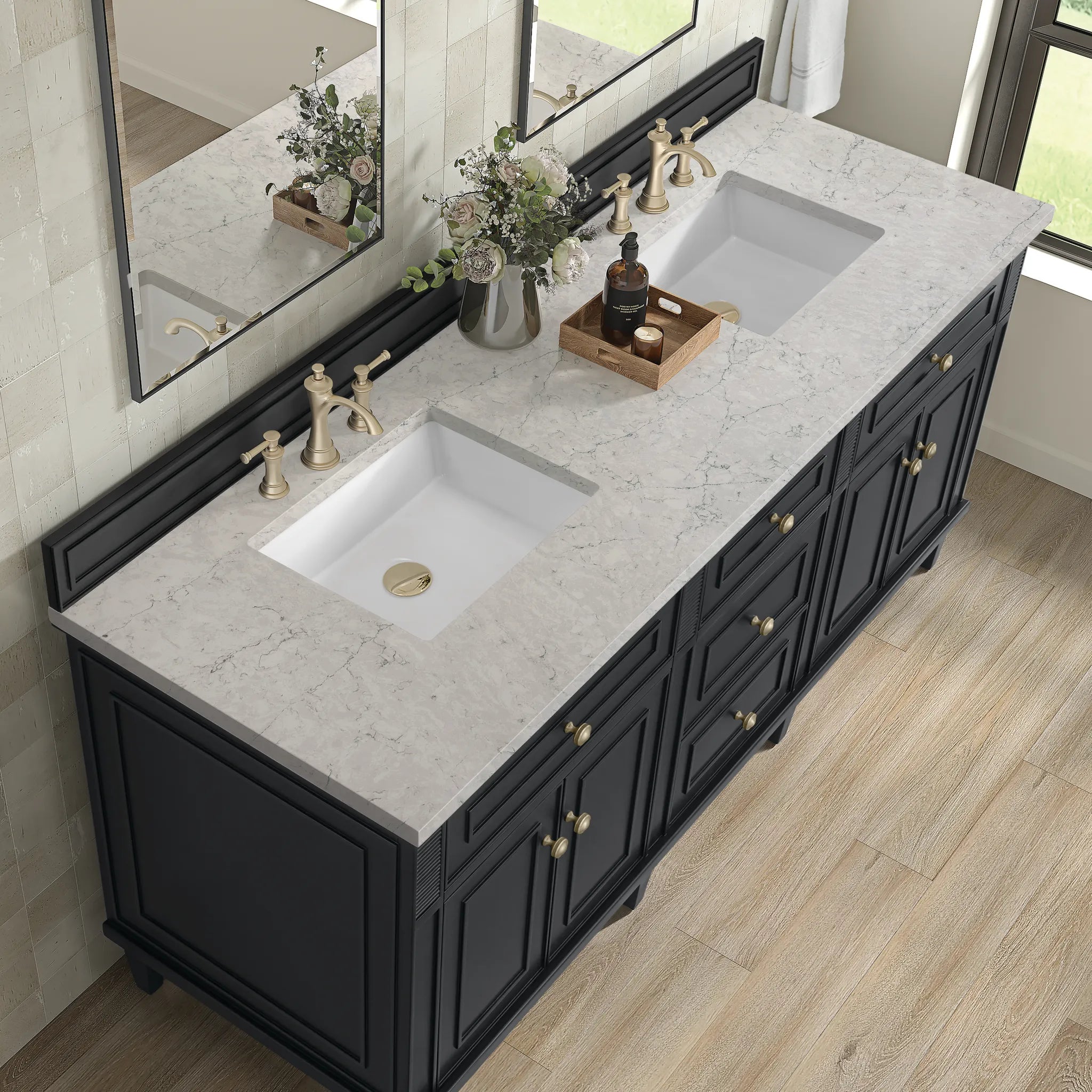 72" Lorelai Double Vanity in Black Onyx-Eternal Jasmine Pearl Silestone-8" Widespread image 6
