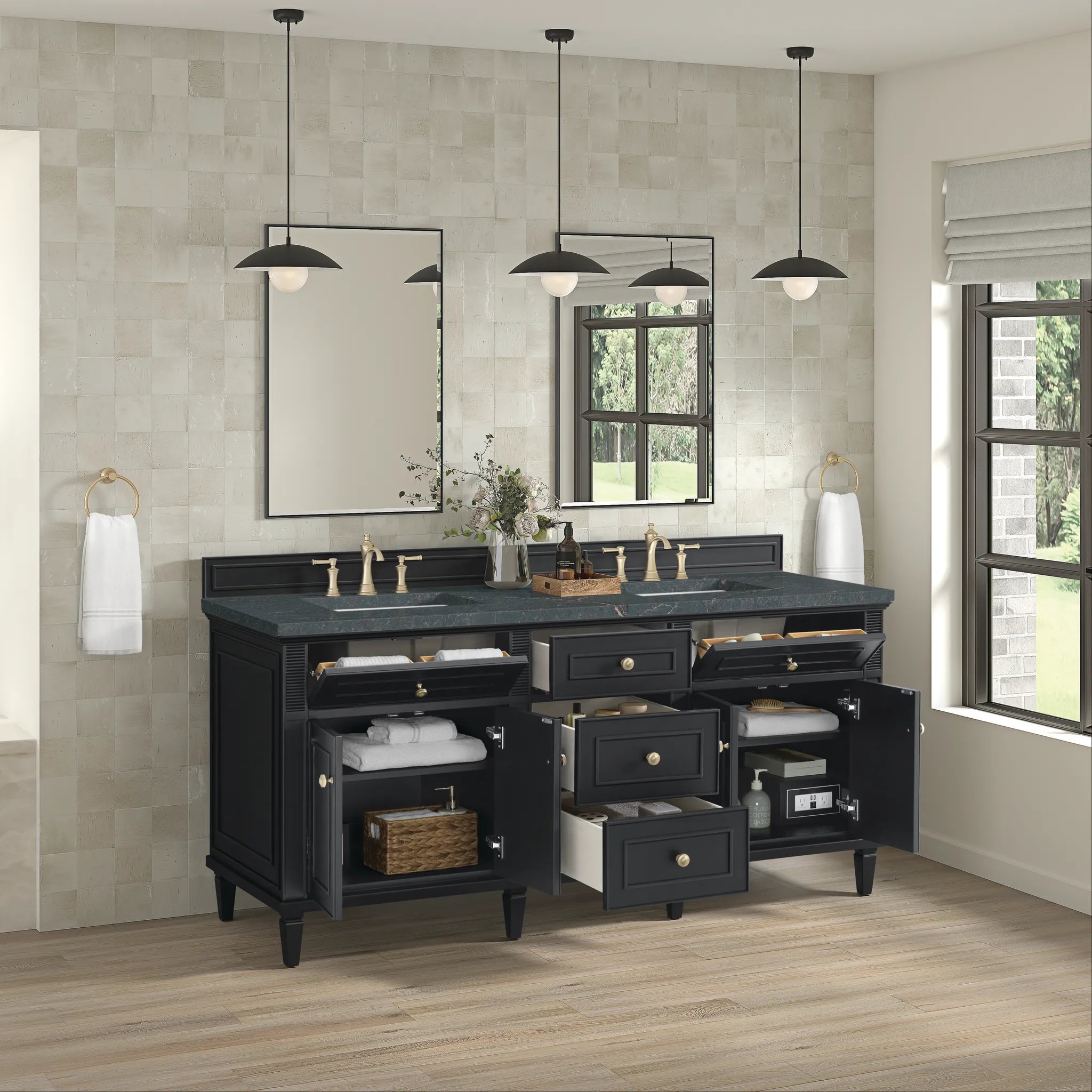 72" Lorelai Double Vanity in Black Onyx-Parisien Bleu Silestone-8" Widespread image 4