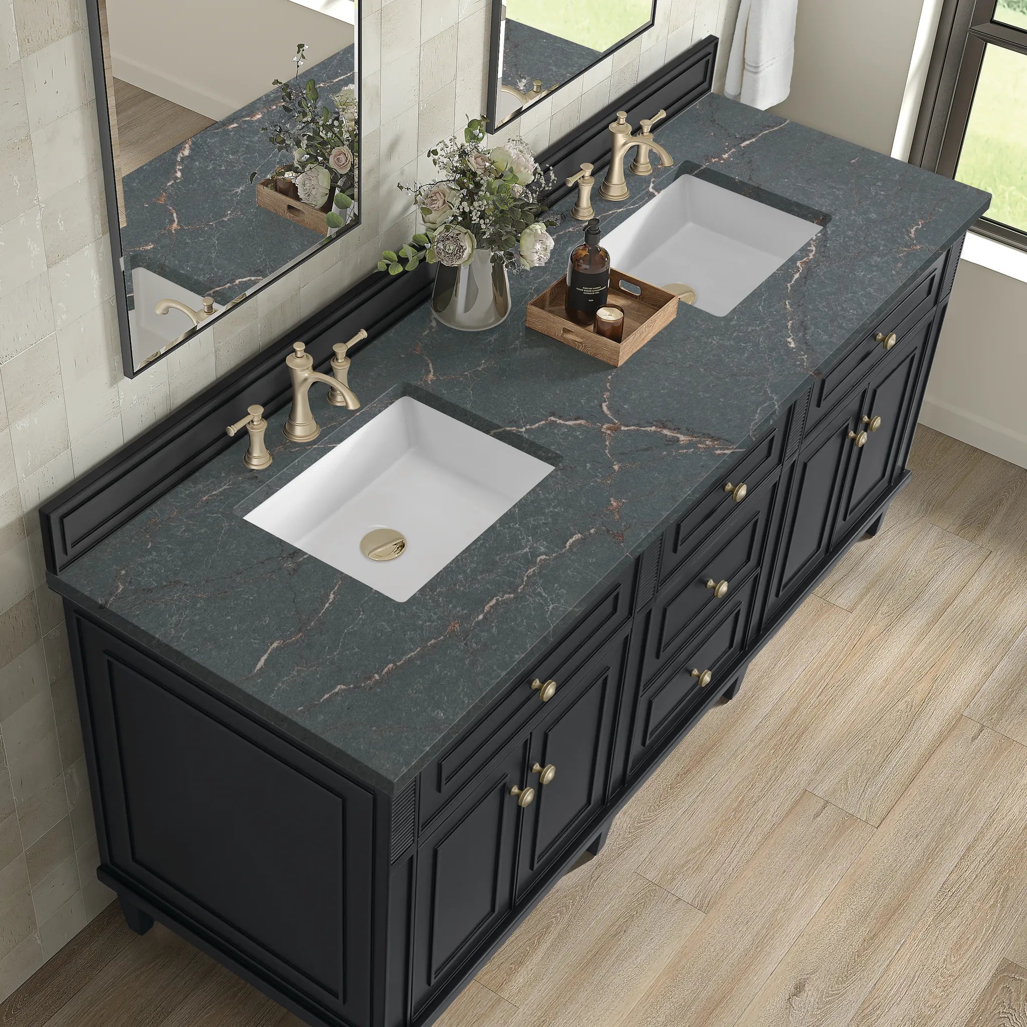 72" Lorelai Double Vanity in Black Onyx-Parisien Bleu Silestone-8" Widespread image 6