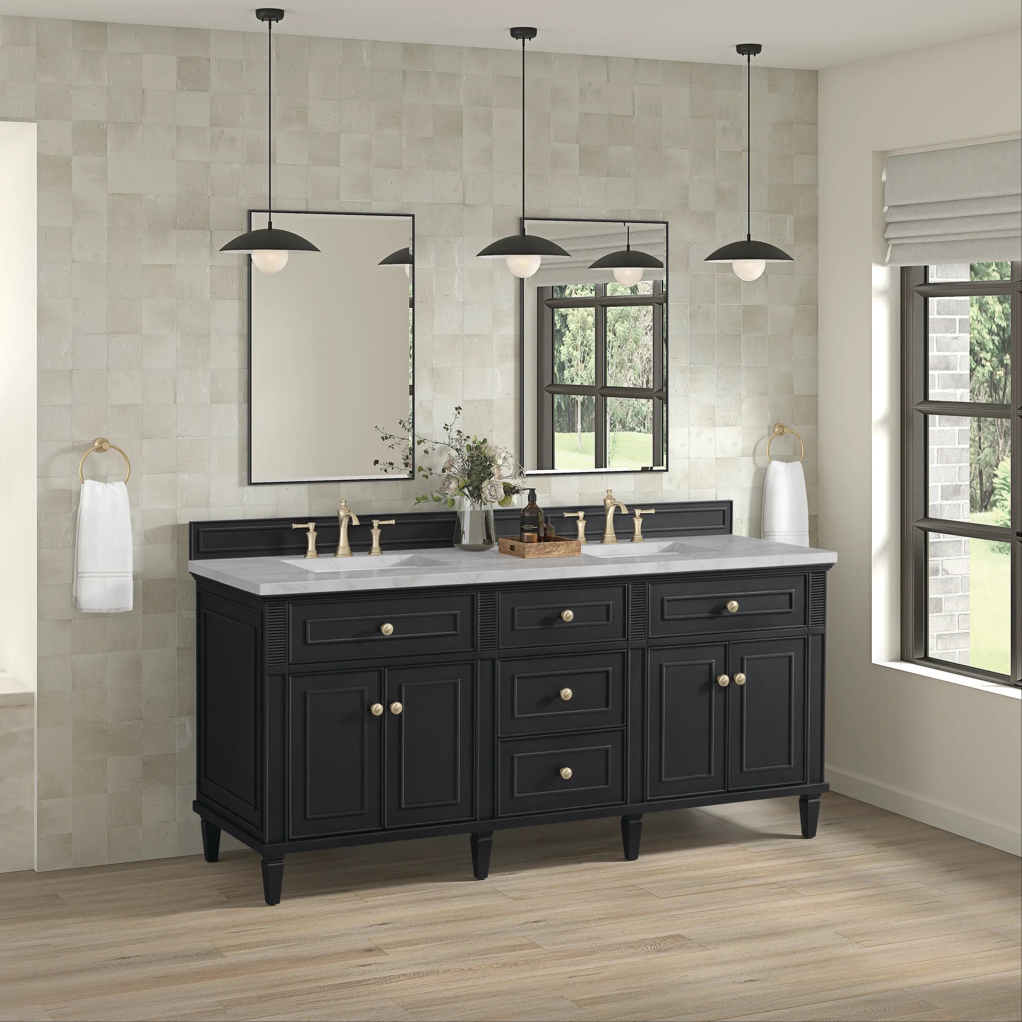 72" Lorelai Double Vanity in Black Onyx-Victorian Silver Silestone-8" Widespread image 3