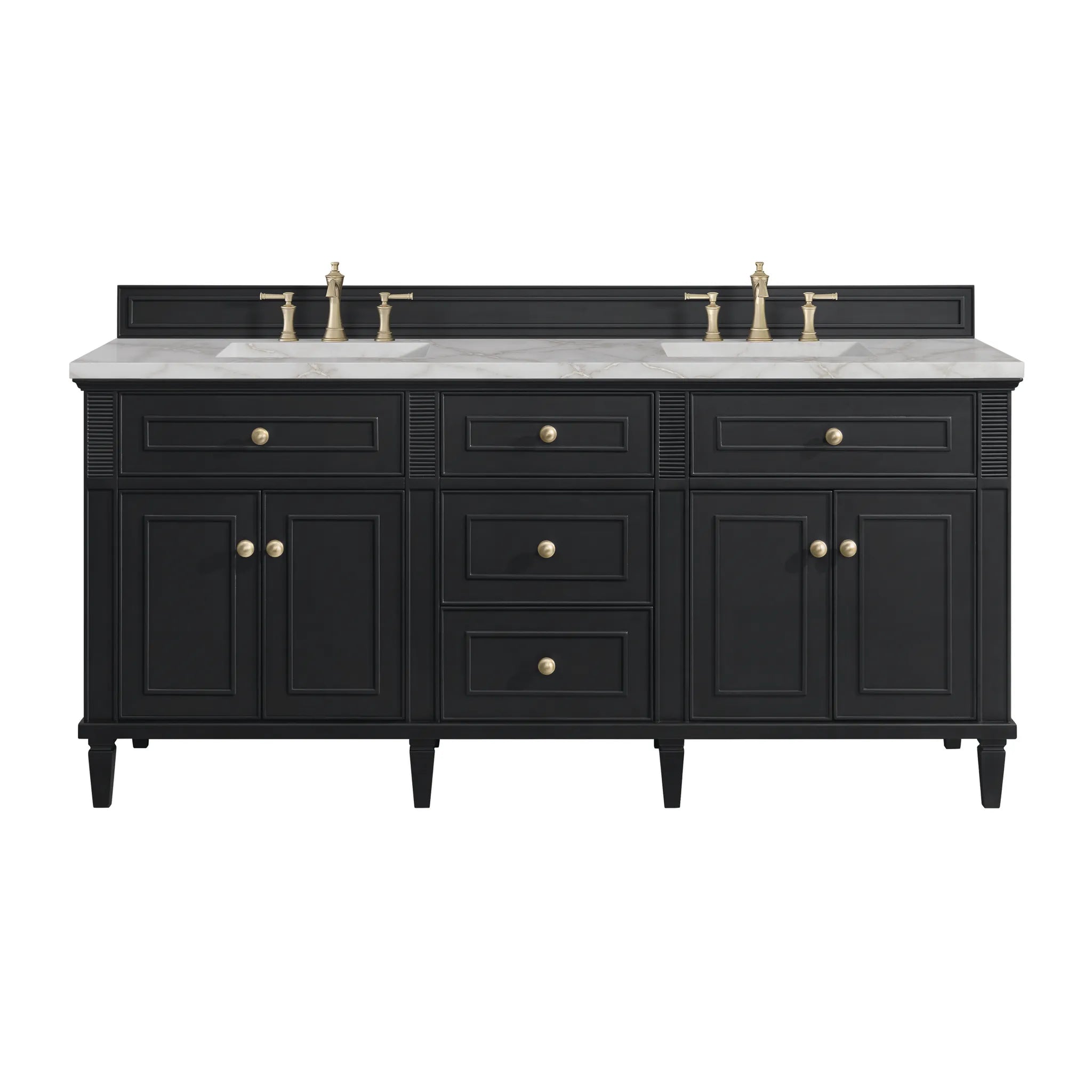 72" Lorelai Double Vanity in Black Onyx-Victorian Silver Silestone-8" Widespread image