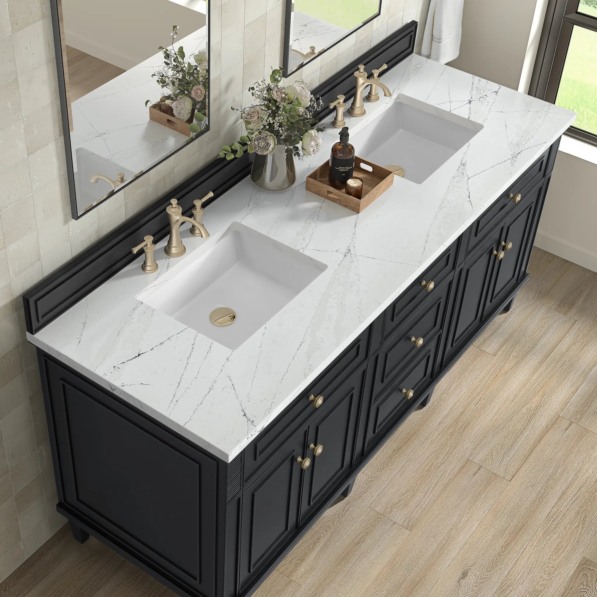 72" Lorelai Double Vanity in Black Onyx-White Zeus Silestone-8" Widespread image 6