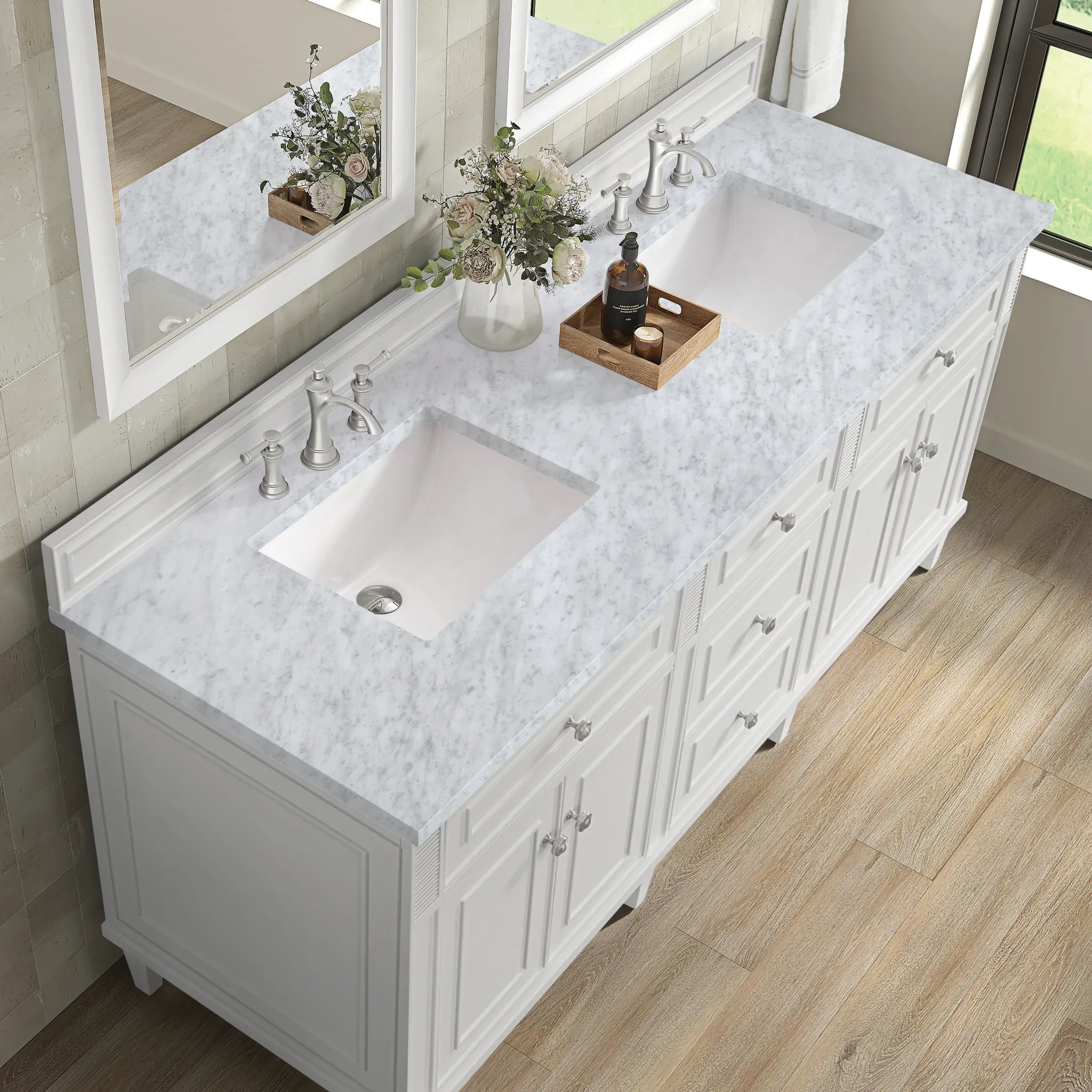 72" Lorelai Double Vanity in Bright White-Carrara White Marble-8" Widespread image 6