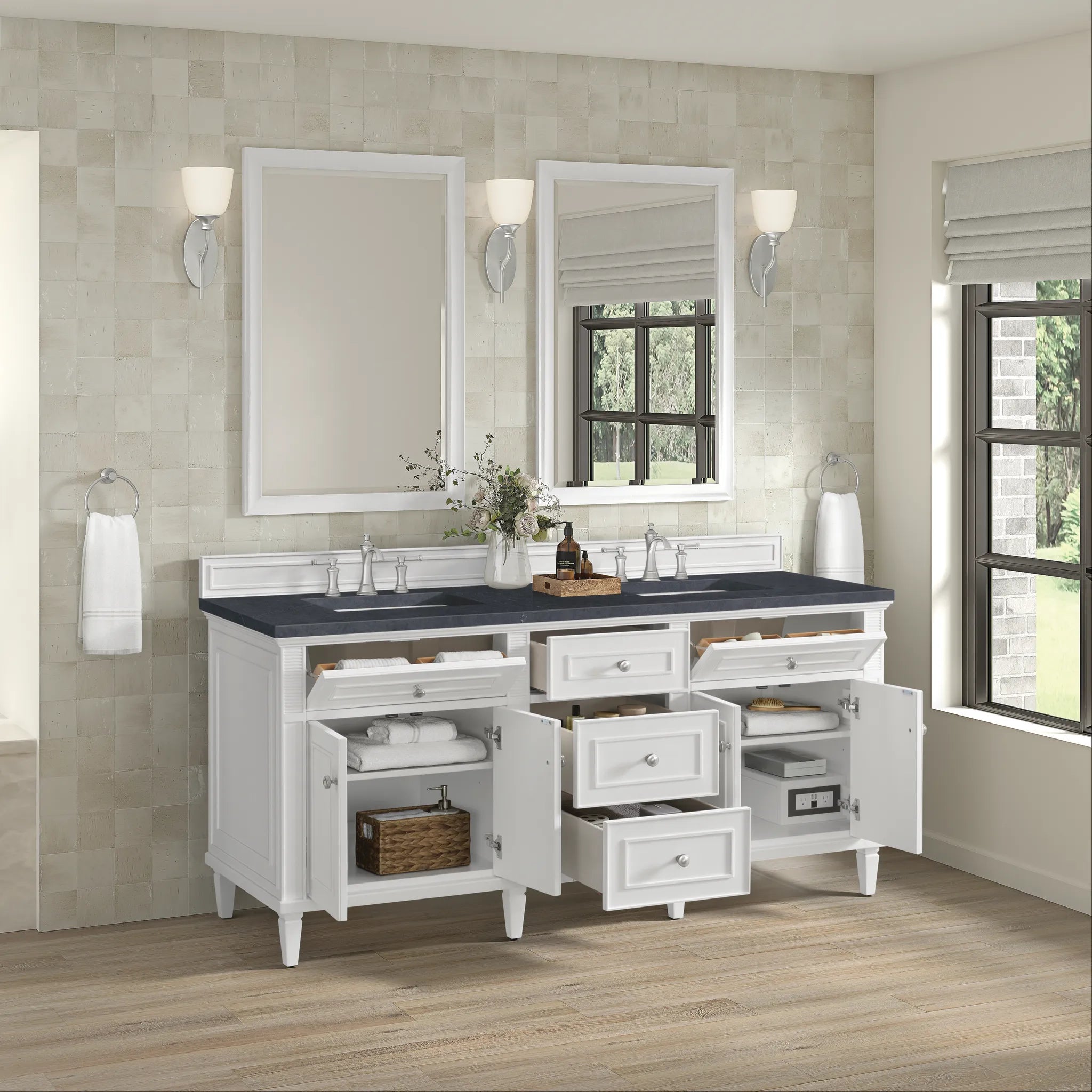 72" Lorelai Double Vanity in Bright White-Charcoal Soapstone Silestone-8" Widespread image 4