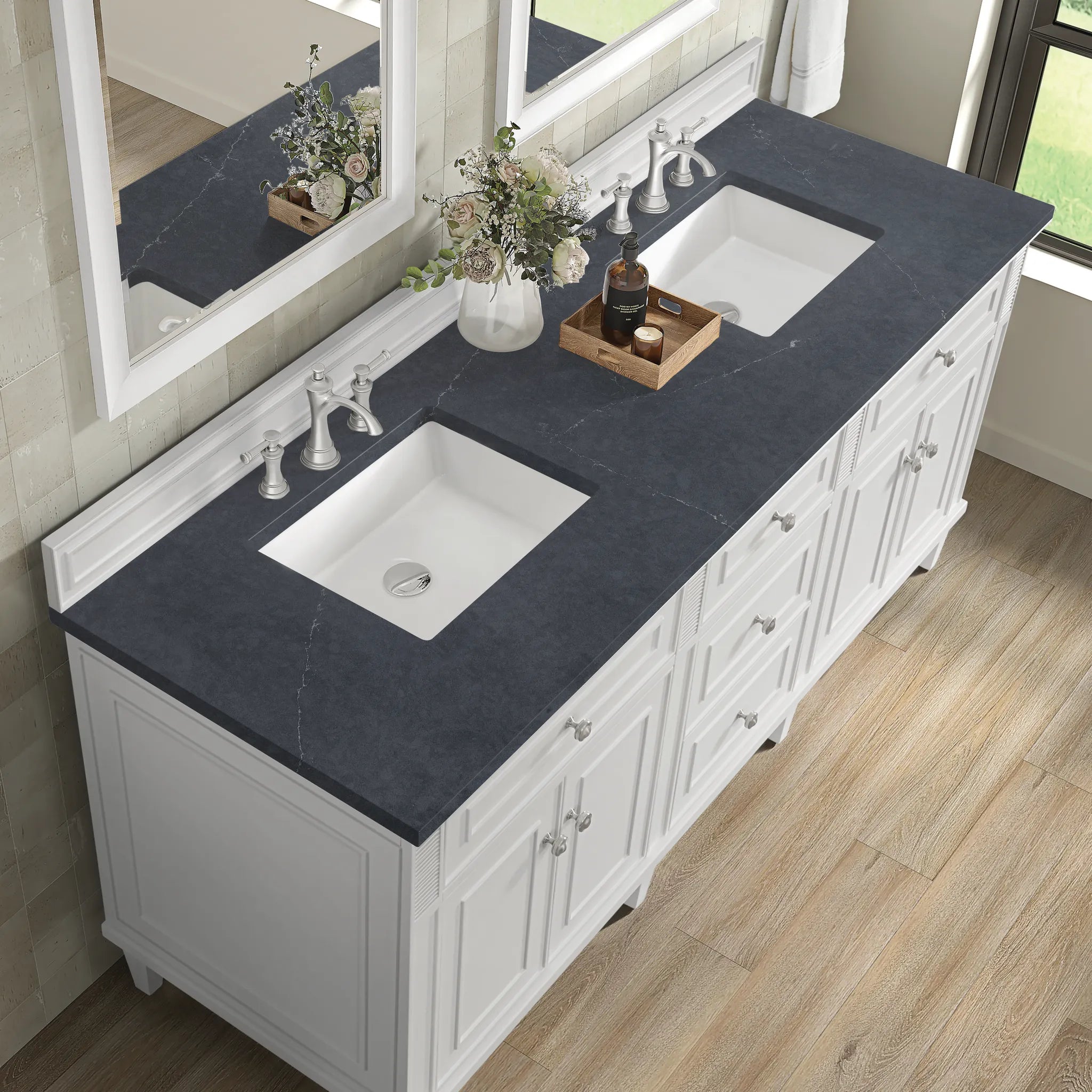 72" Lorelai Double Vanity in Bright White-Charcoal Soapstone Silestone-8" Widespread image 6