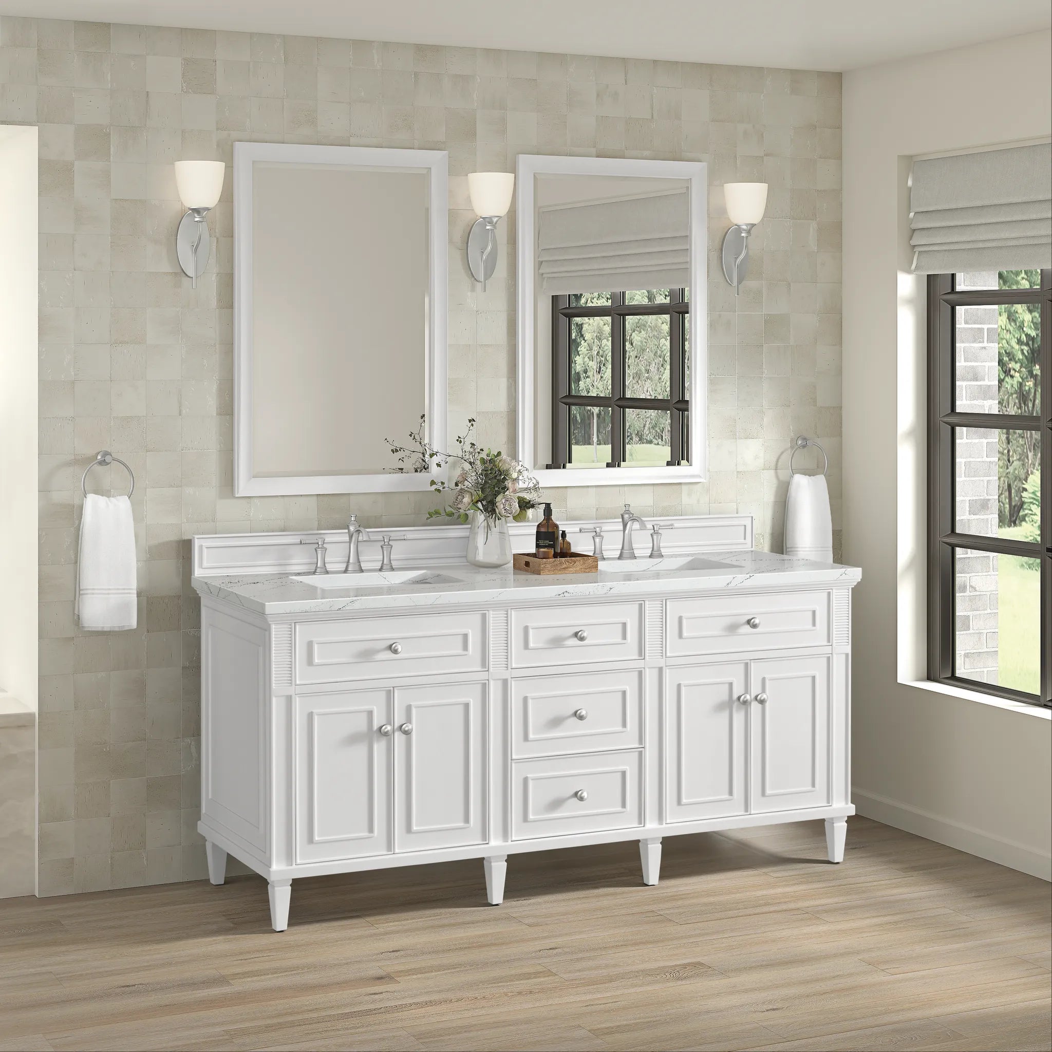72" Lorelai Double Vanity in Bright White w/FreePower Wireless Charger-Ethereal Noctis Silestone-8" Widespread image 6