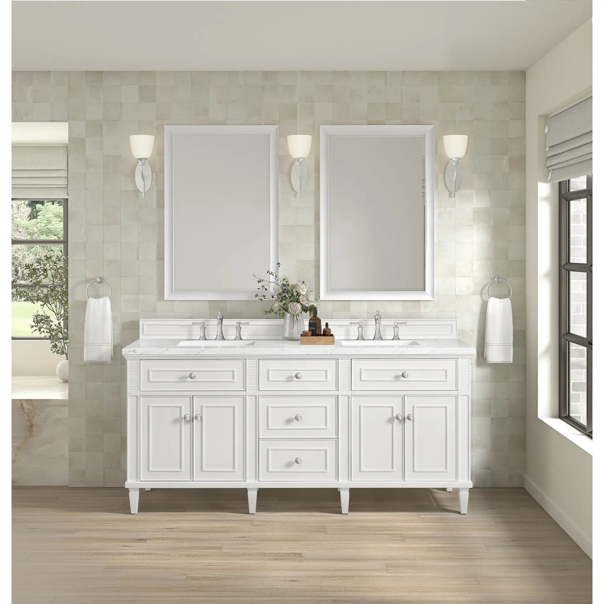 72" Lorelai Double Vanity in Bright White-White Zeus Silestone-8" Widespread image 3