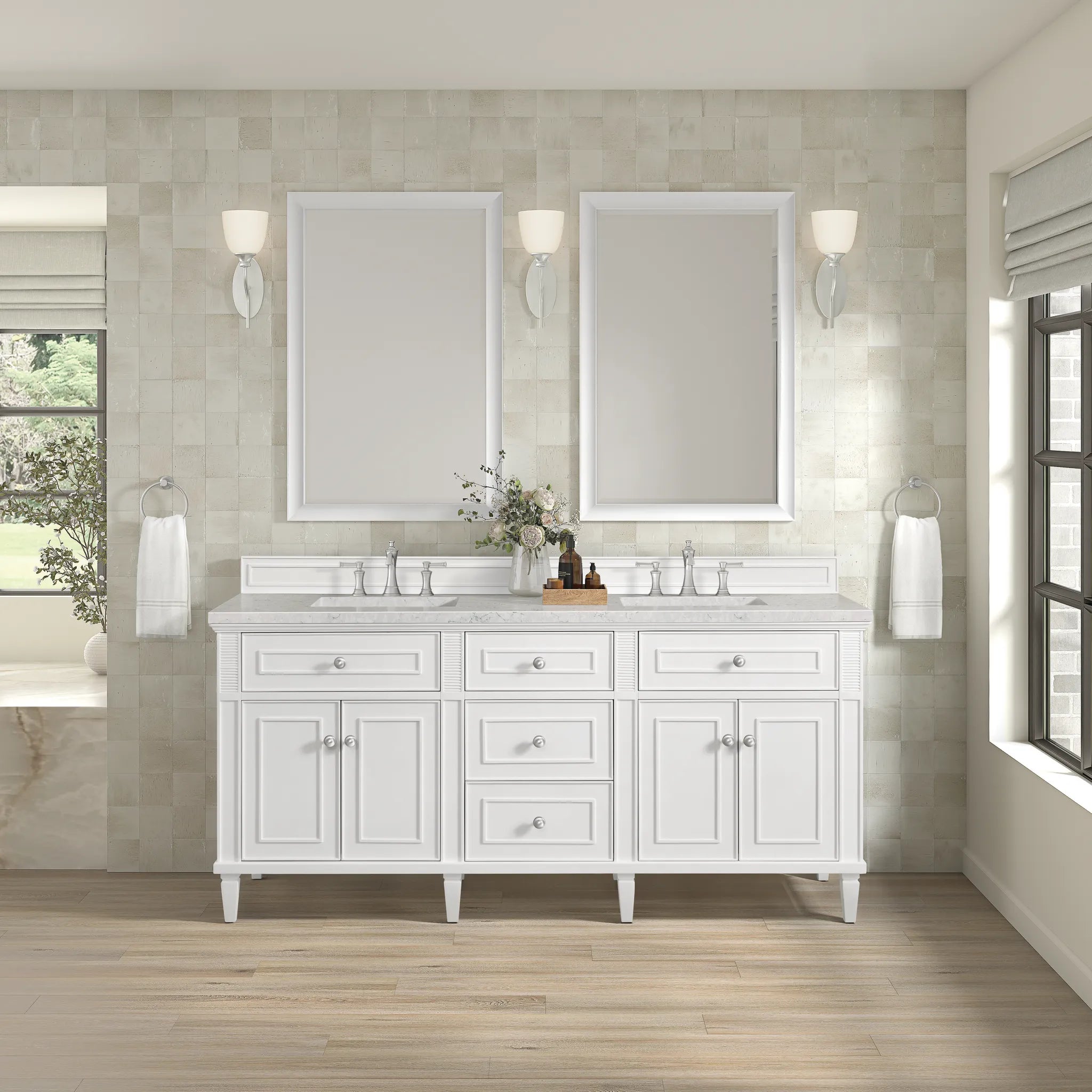 72" Lorelai Double Vanity in Bright White Wireless Charger-Eternal Jasmine Pearl Silestone-8" Widespread image 5