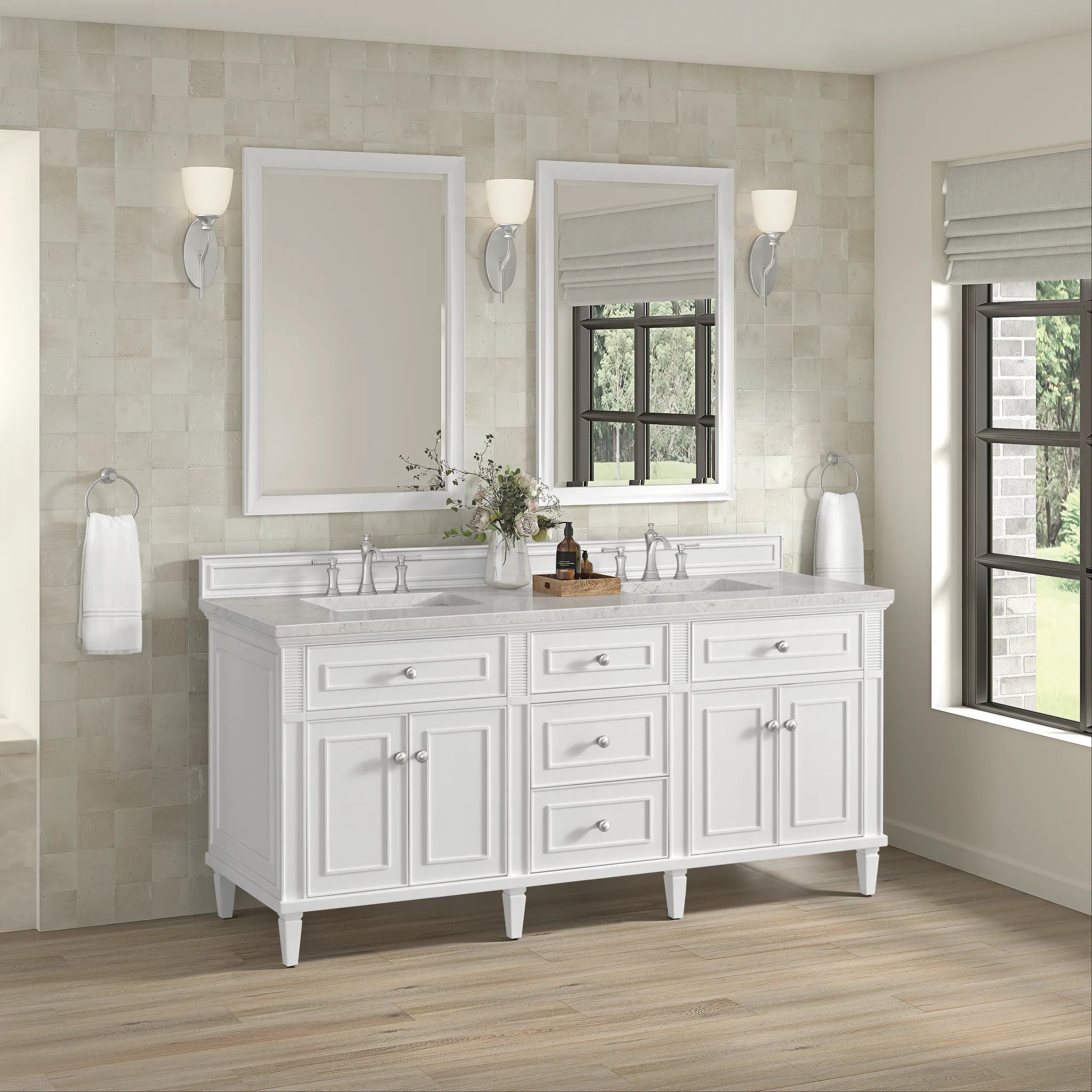 72" Lorelai Double Vanity in Bright White Wireless Charger-Eternal Jasmine Pearl Silestone-8" Widespread image 6