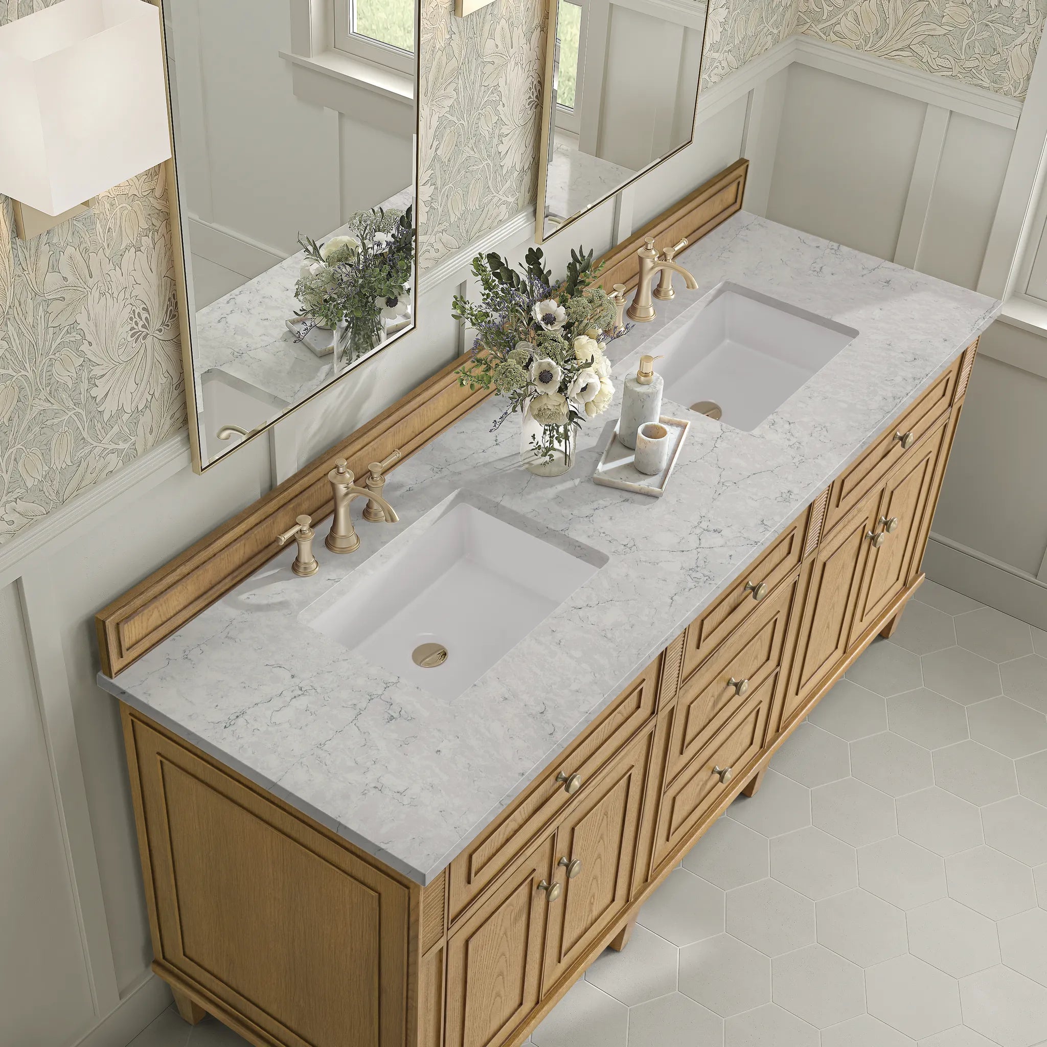 72" Lorelai Double Vanity in Light Natural Oak-Eternal Jasmine Pearl Silestone-8" Widespread image 6