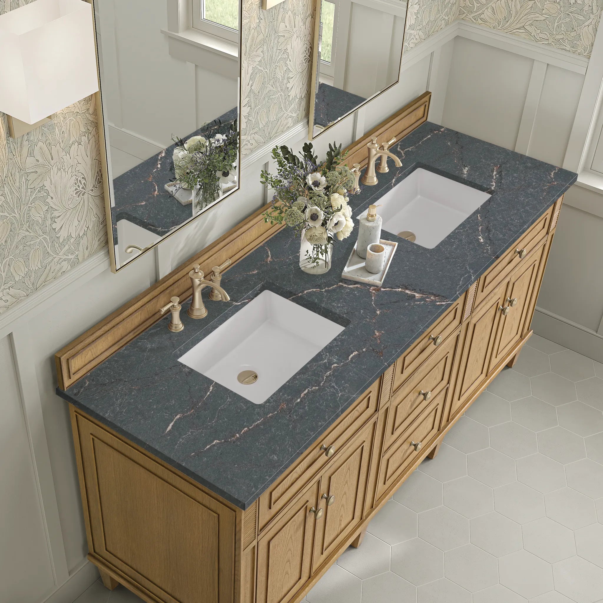 72" Lorelai Double Vanity in Light Natural Oak-Parisien Bleu Silestone-8" Widespread image 6