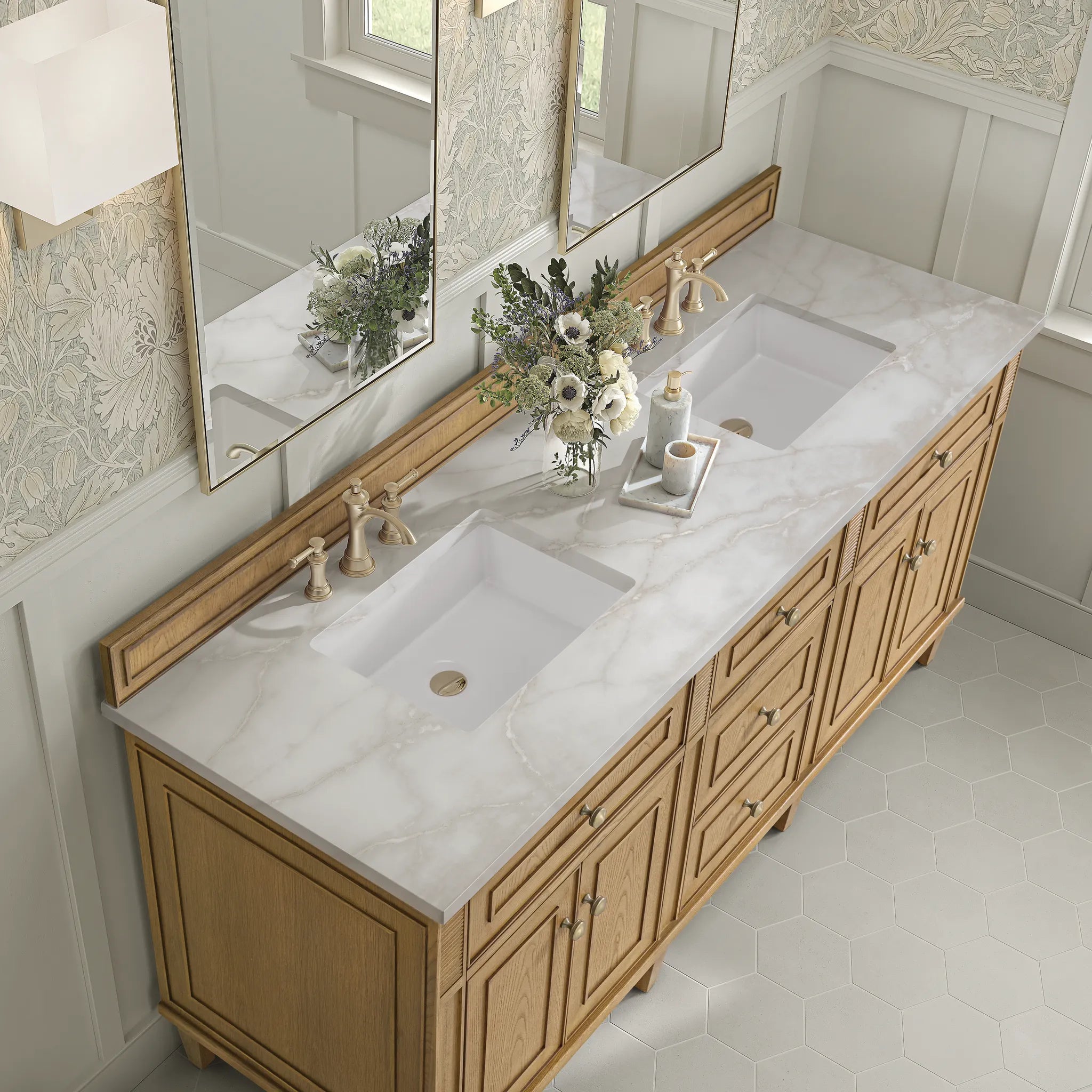 72" Lorelai Double Vanity in Light Natural Oak-Victorian Silver Silestone-8" Widespread image 6