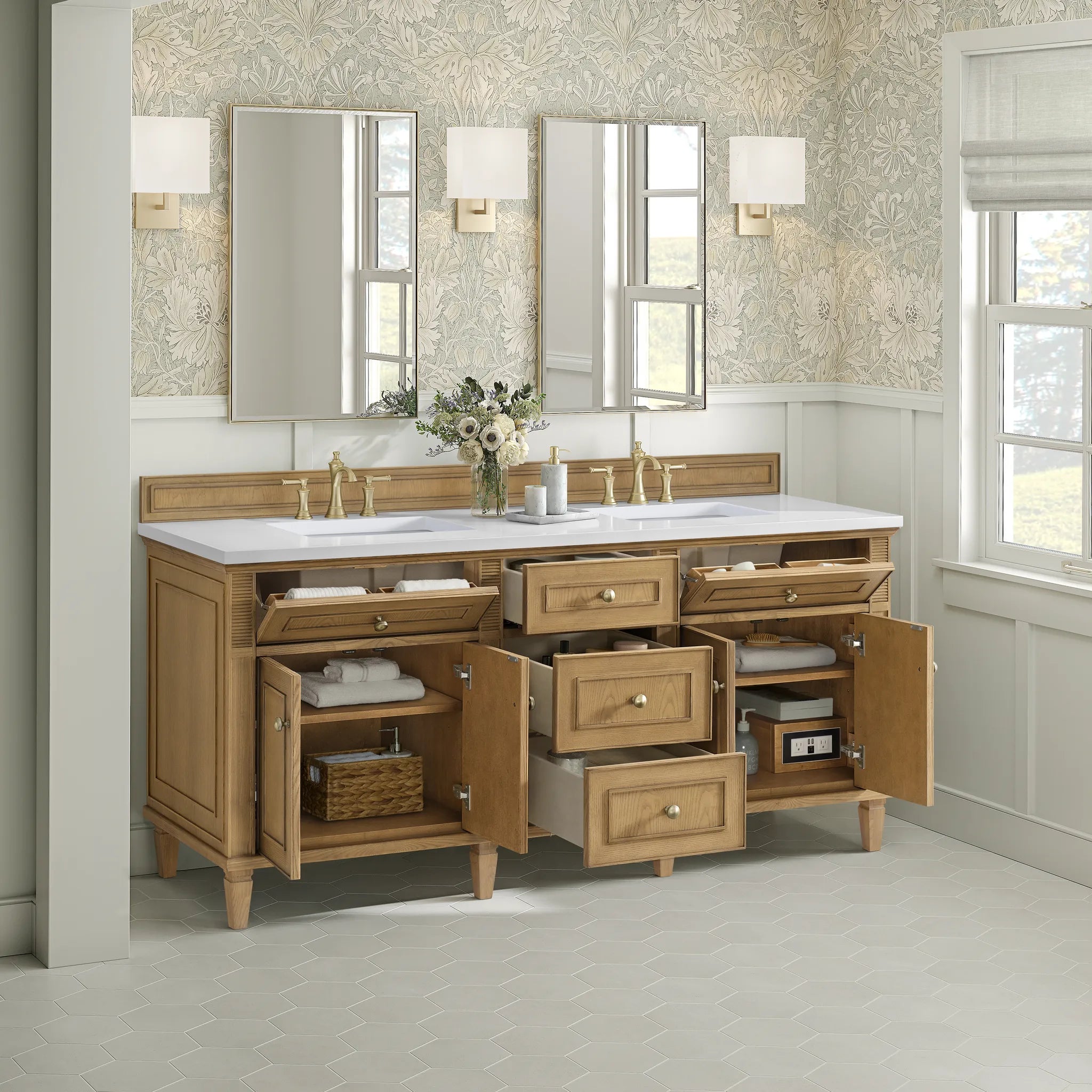 72" Lorelai Double Vanity in Light Natural Oak-White Zeus Silestone-8" Widespread image 4