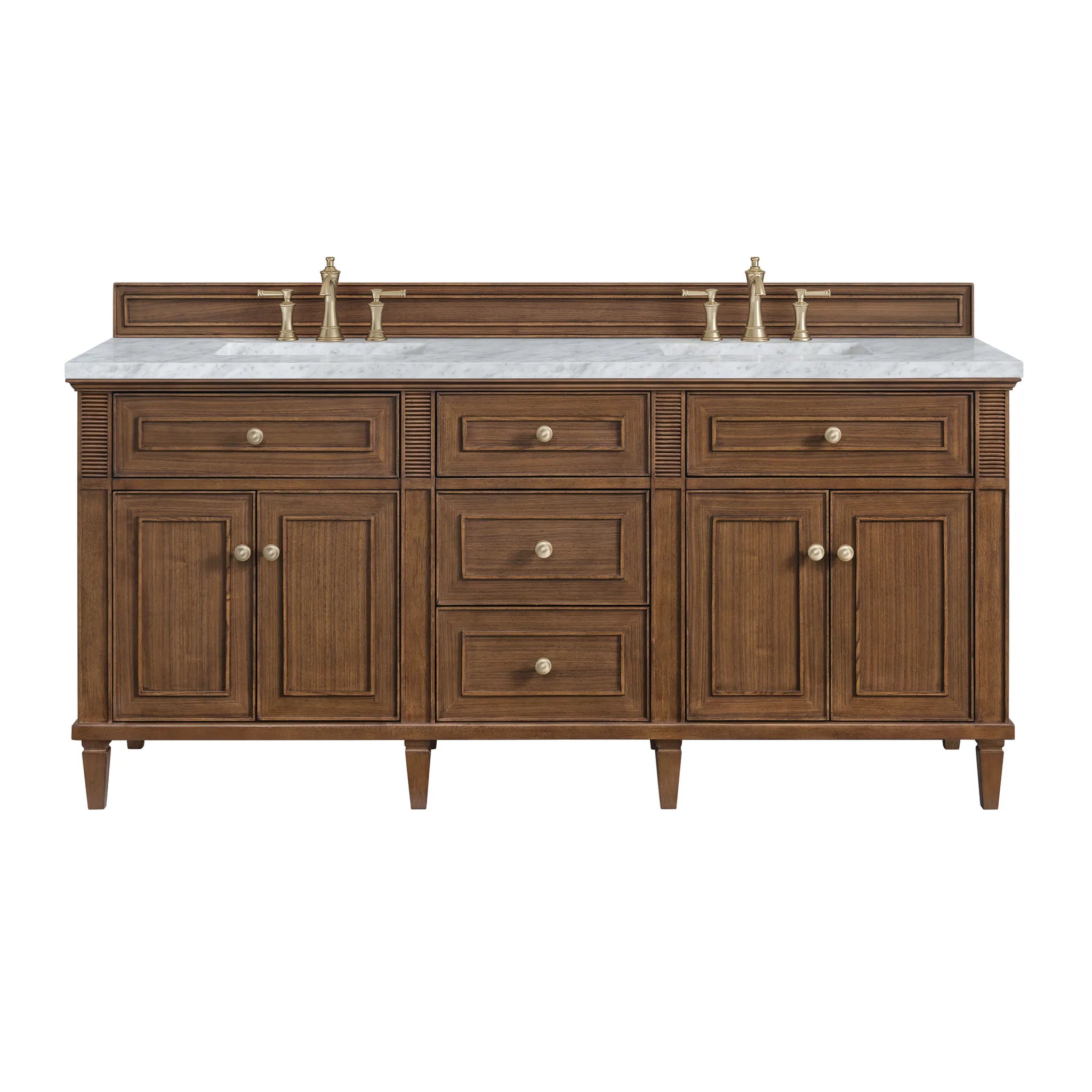 72" Lorelai Double Vanity in Mid-Century Walnut-Carrara White Marble-8" Widespread image