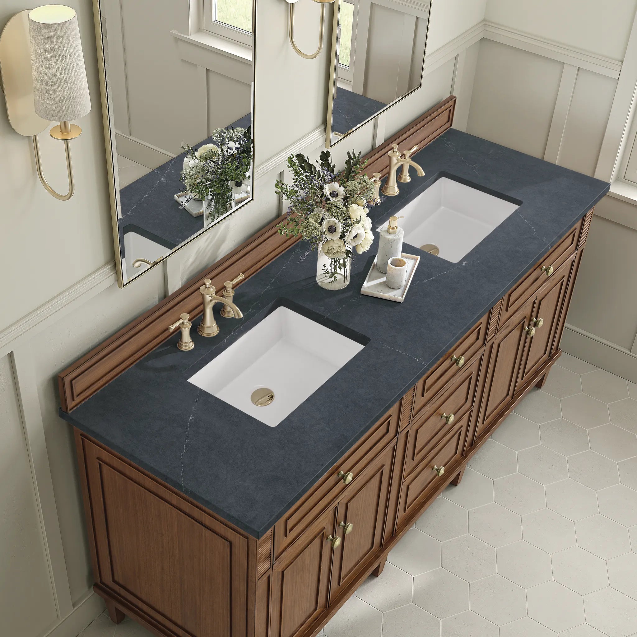 72" Lorelai Double Vanity in Mid-Century Walnut-Charcoal Soapstone Silestone-8" Widespread image 6