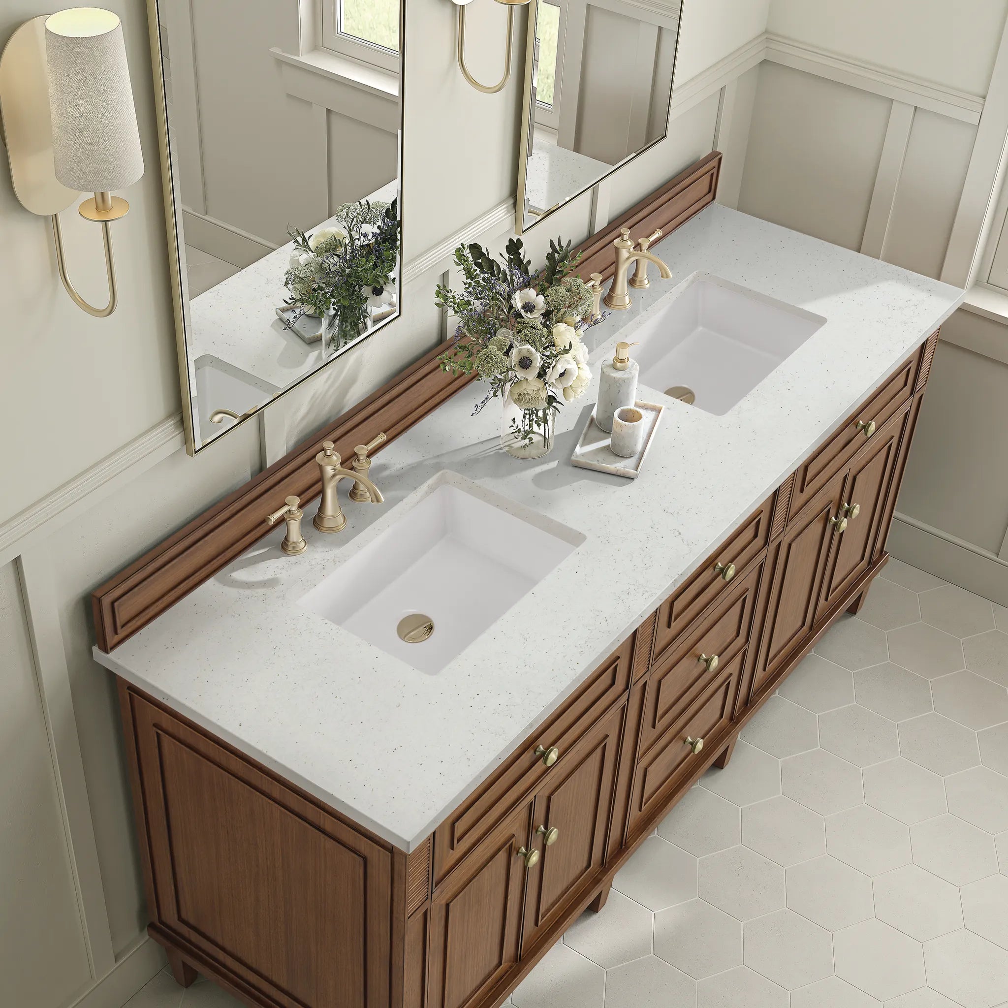 72" Lorelai Double Vanity in Mid-Century Walnut-Lime Delight Silestone-8" Widespread image 6