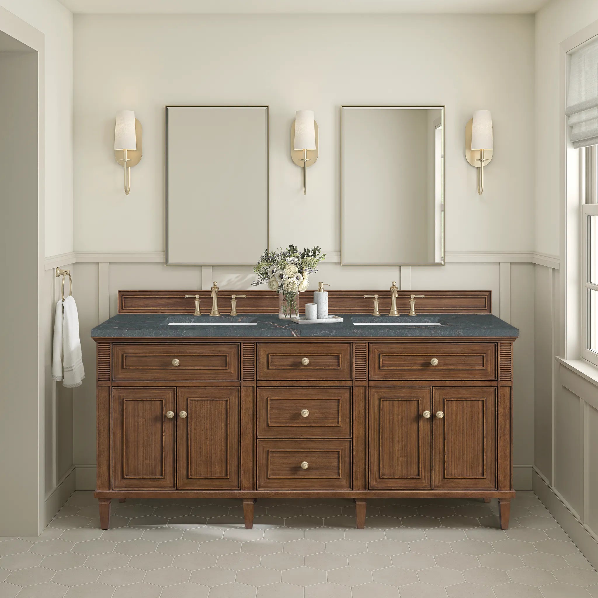 72" Lorelai Double Vanity in Mid-Century Walnut w/FreePower Wireless Charger-Parisien Bleu Silestone-8" Widespread image 5