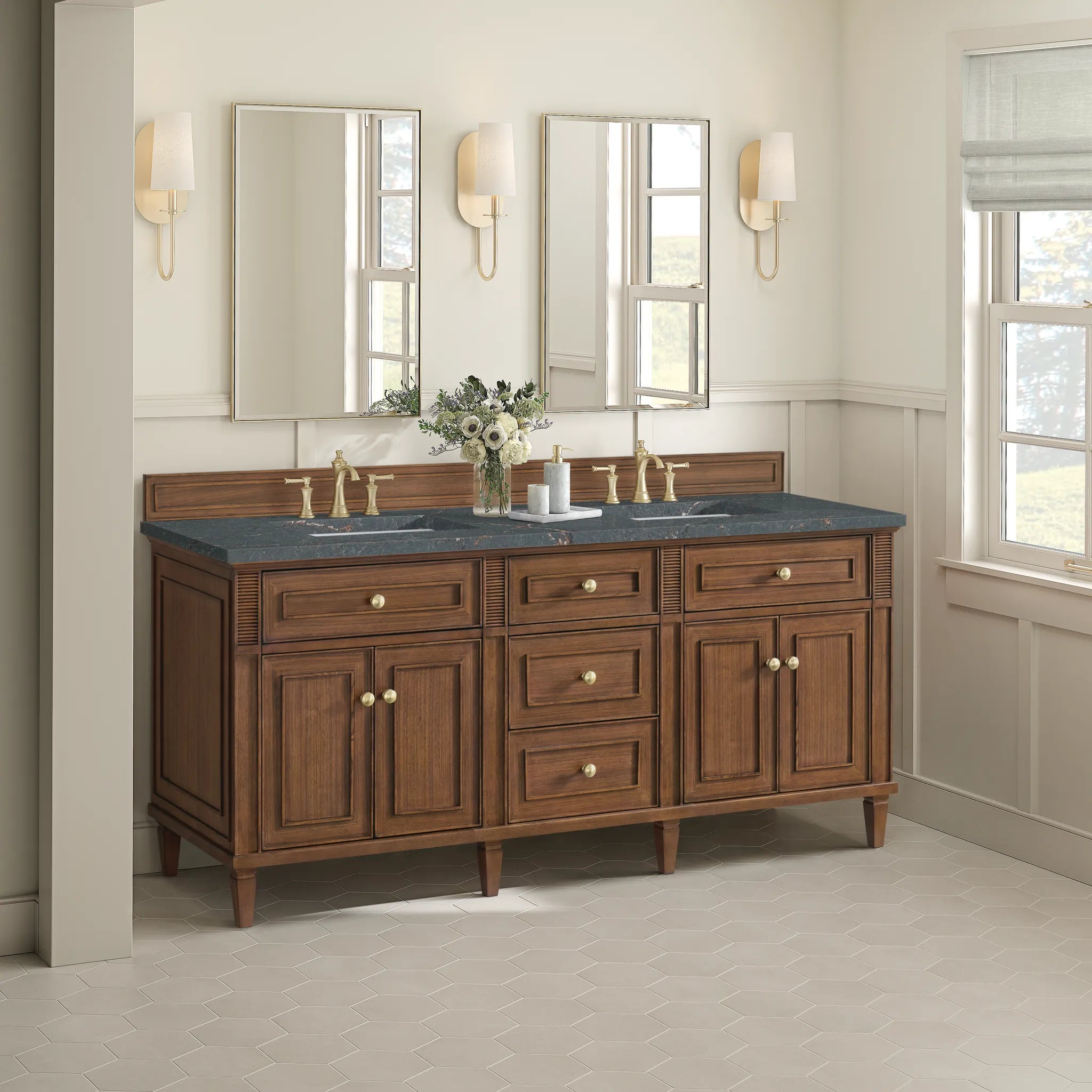 72" Lorelai Double Vanity in Mid-Century Walnut w/FreePower Wireless Charger-Parisien Bleu Silestone-8" Widespread image 6