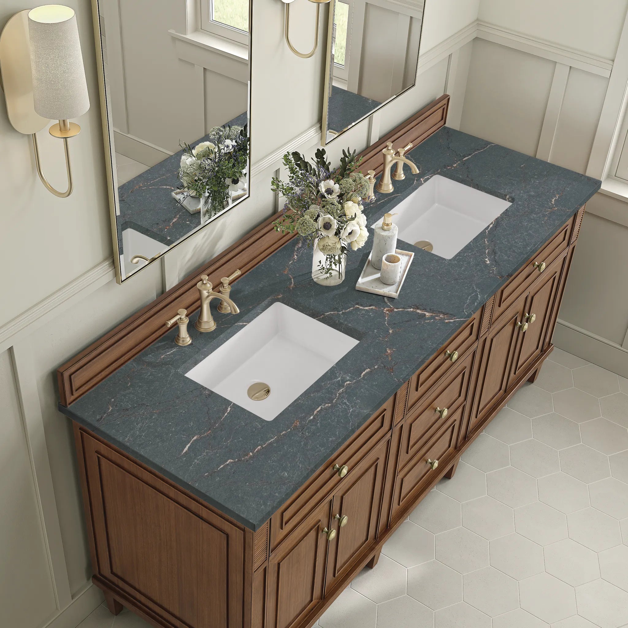 72" Lorelai Double Vanity in Mid-Century Walnut w/FreePower Wireless Charger-Parisien Bleu Silestone-8" Widespread image 9