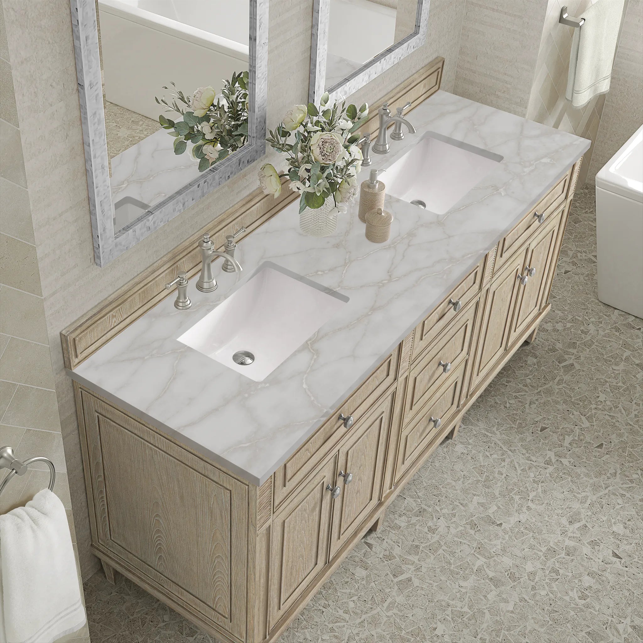 72" Lorelai Double Vanity in Whitewashed Oak-Victorian Silver Silestone-8" Widespread image 6